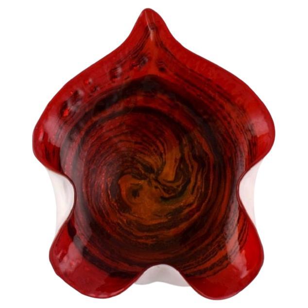 Large Leaf-Shaped Murano Bowl in Mouth-Blown Art Glass with Wavy Edges