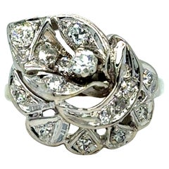 Large Leaf Vintage 14K White Gold Diamond Cluster Engagement Ring - 1.00ct