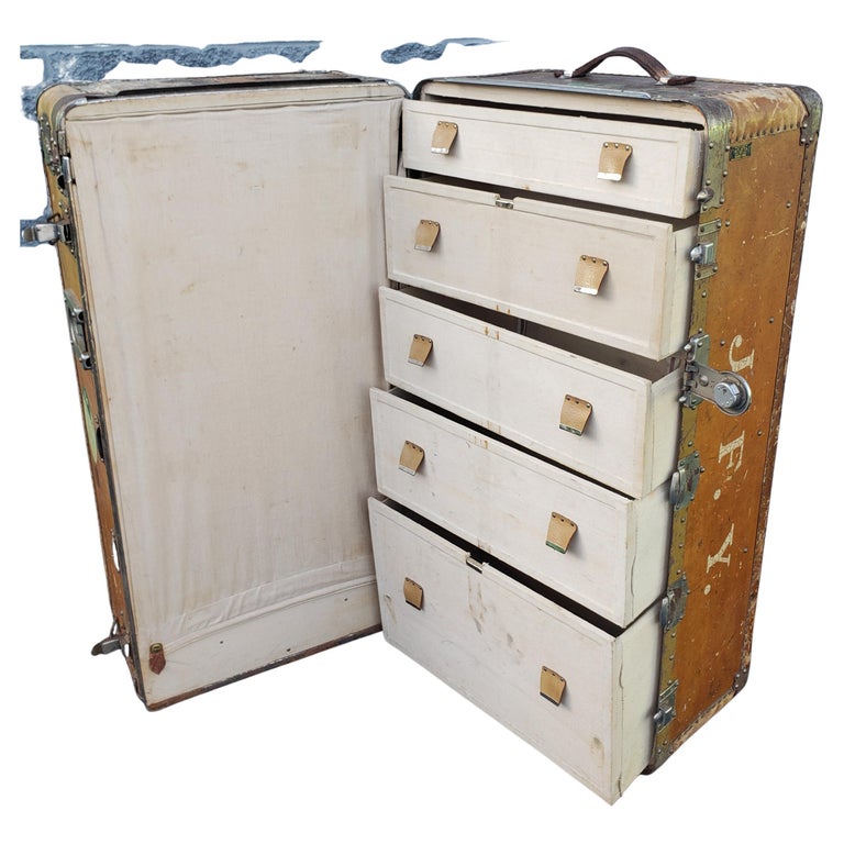 American Colonial Large Leather and Metal Full Closet Steamer Trunk, circa 1930s For Sale
