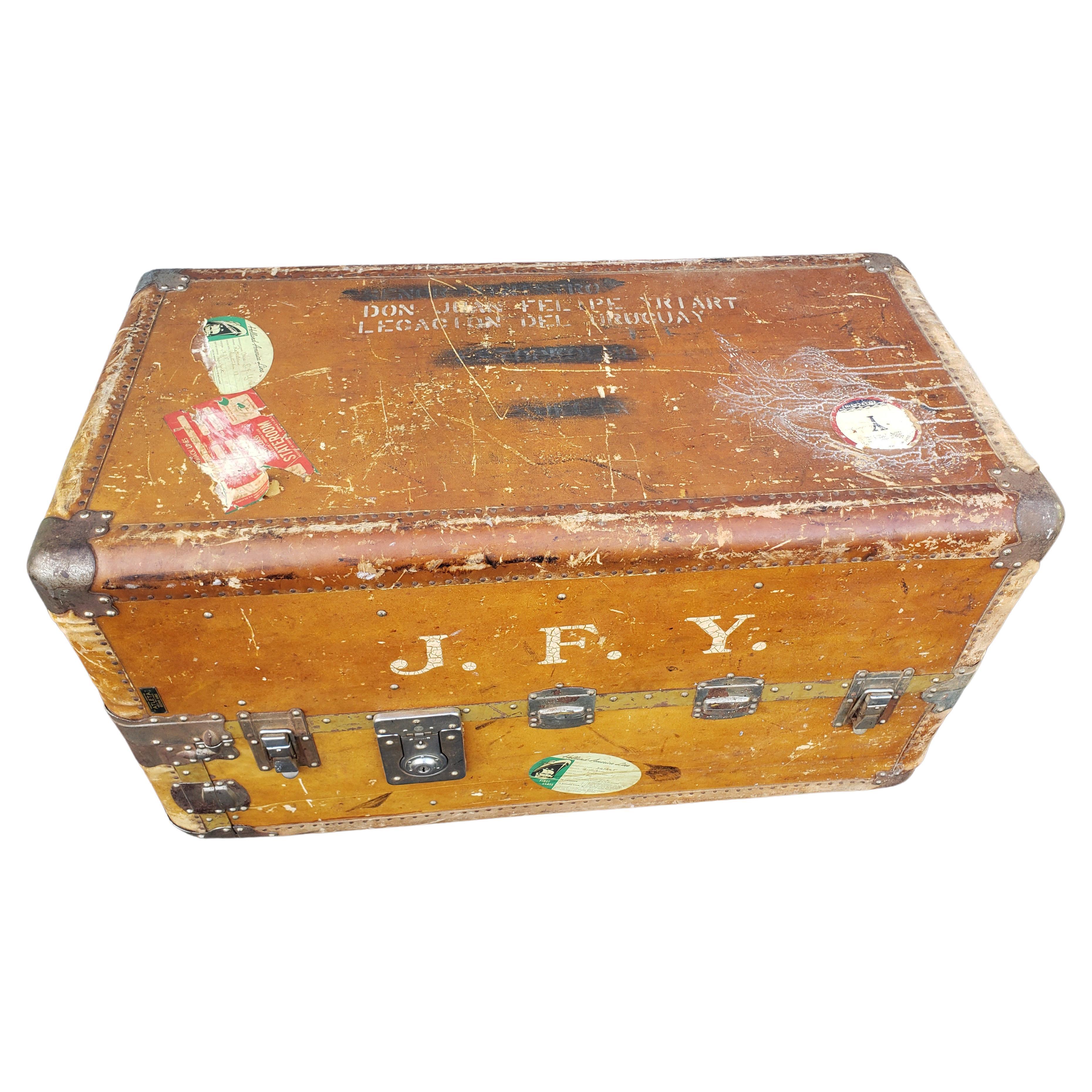 American Colonial Large Leather and Metal Full Closet Steamer Trunk, circa 1930s For Sale
