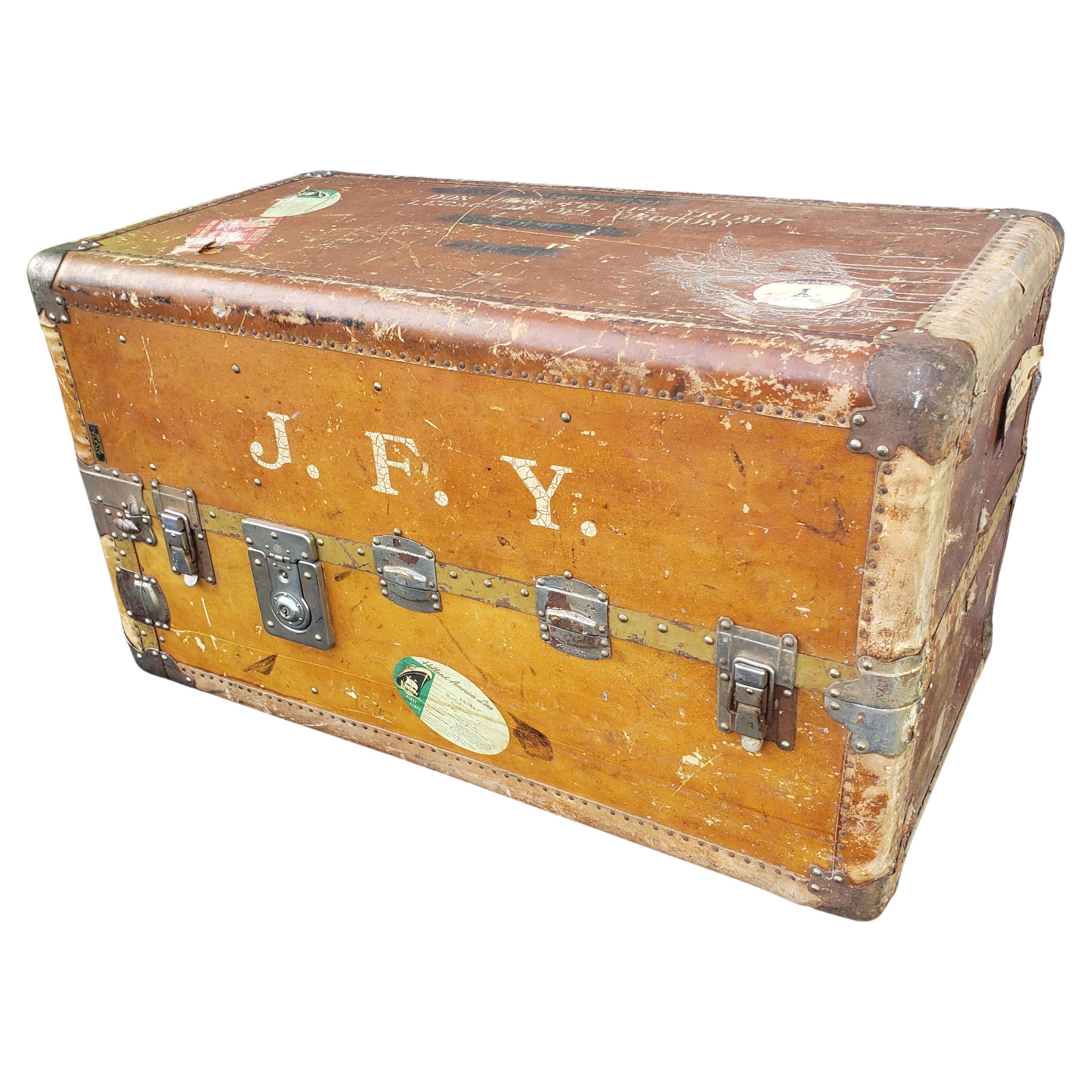 Hand-Crafted Large Leather and Metal Full Closet Steamer Trunk, circa 1930s For Sale