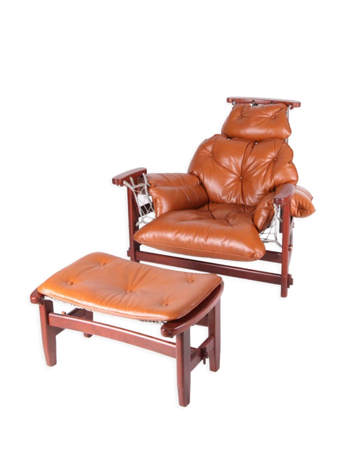 Large leather and rope armchair and its ottoman For Sale 1