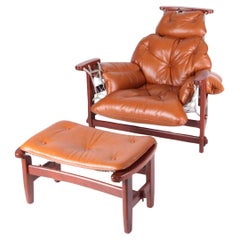 Vintage Large leather and rope armchair and its ottoman