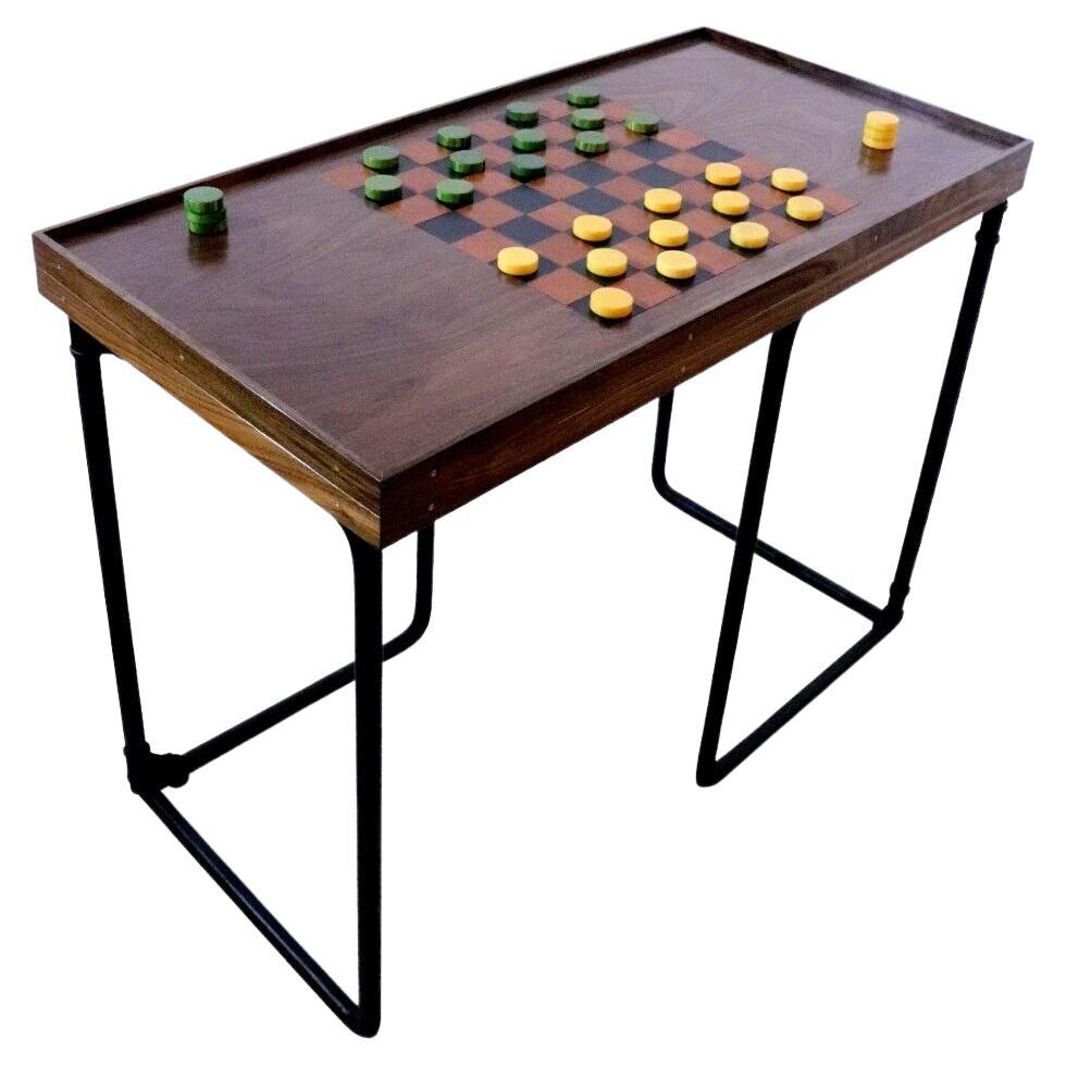 Grande table de jeux réversible en cuir et noyer