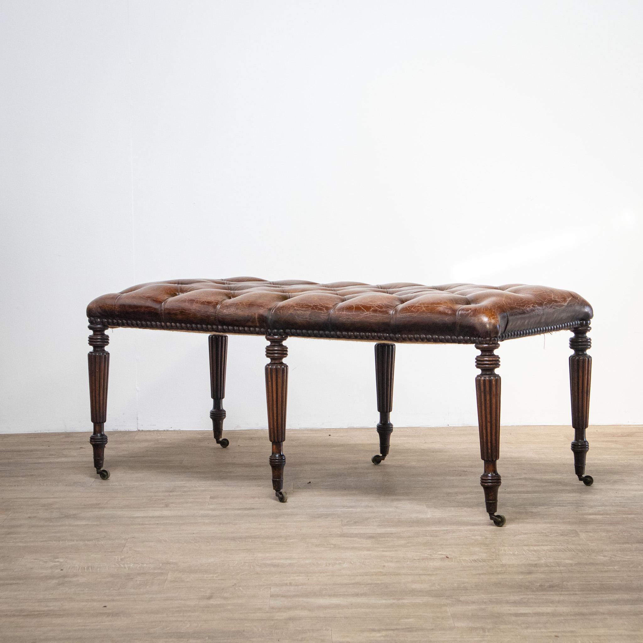English Large Leather Buttoned Stool For Sale