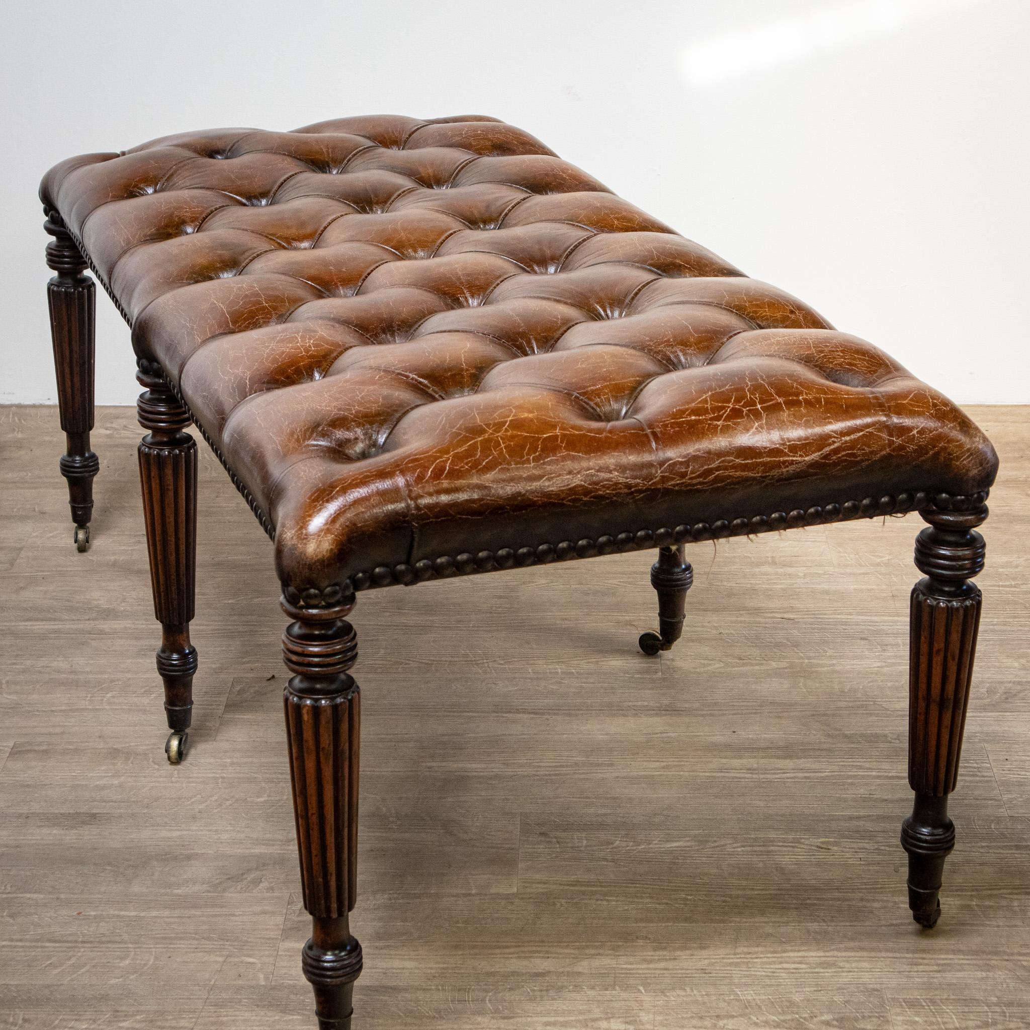 Large Leather Buttoned Stool In Good Condition For Sale In Newark, GB