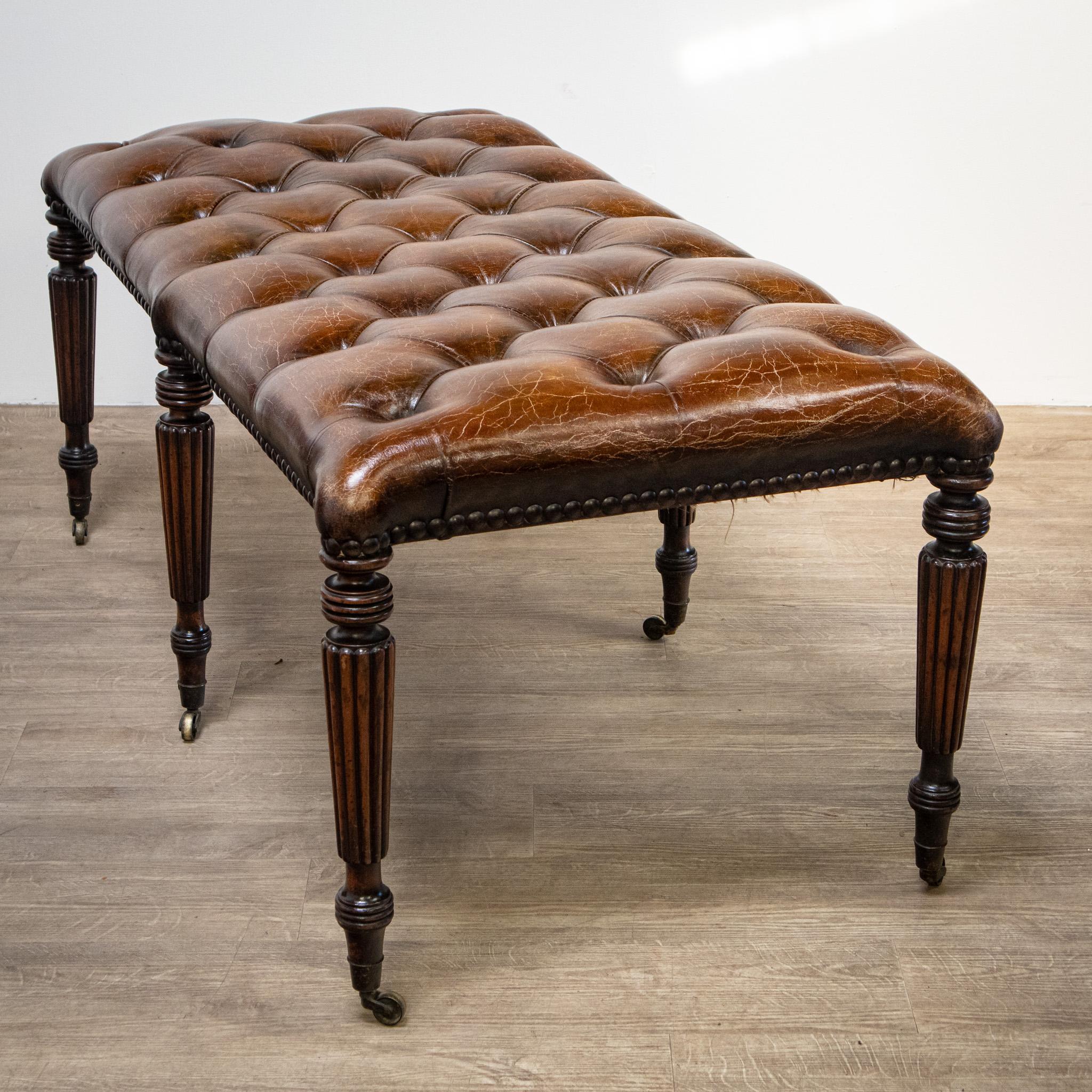 Early 20th Century Large Leather Buttoned Stool For Sale