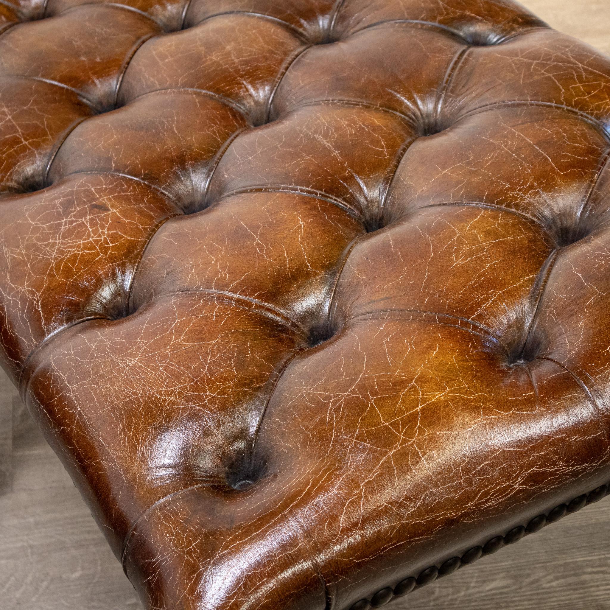 Large Leather Buttoned Stool For Sale 1