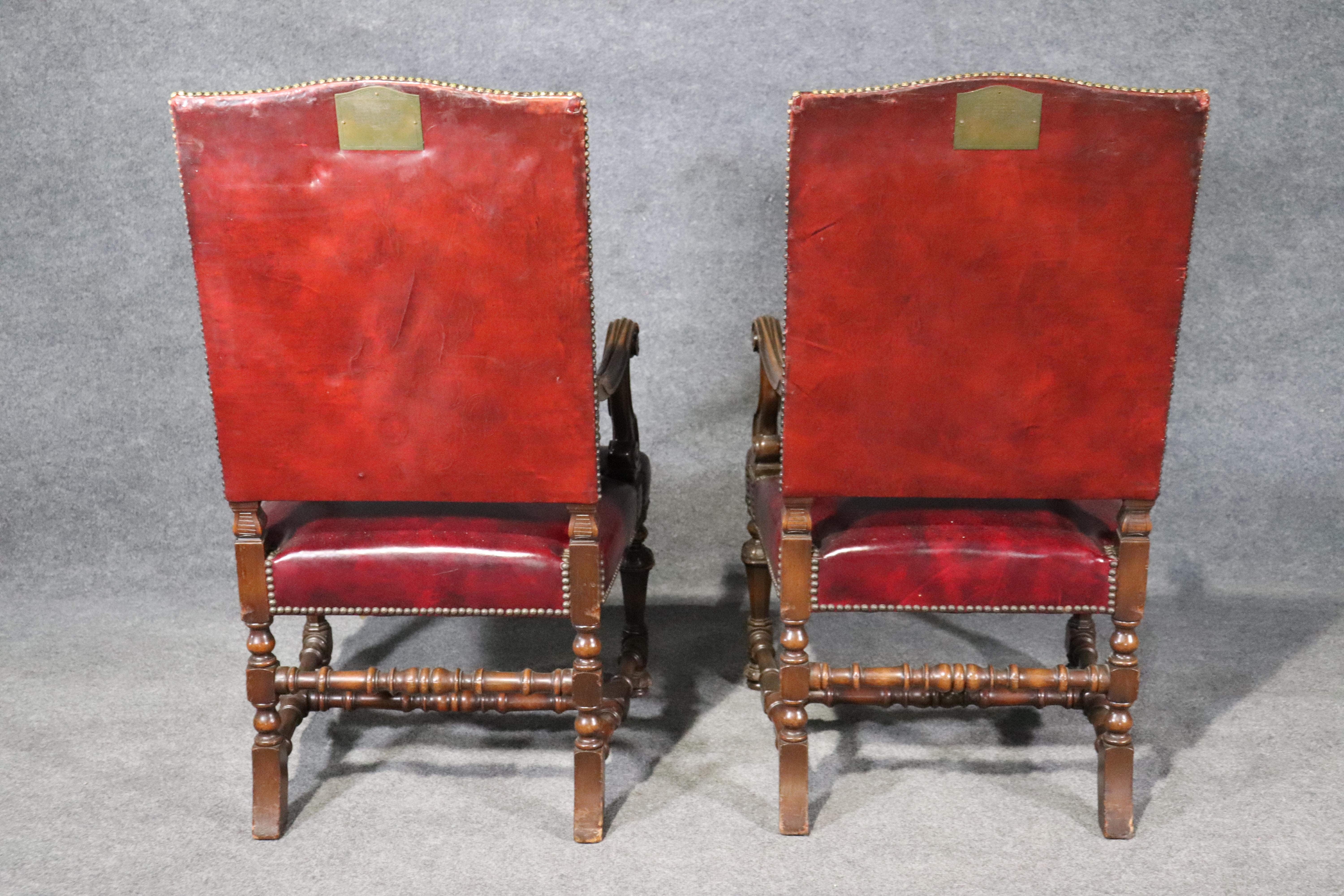 Large Leather Carved Walnut Throne Office Chairs with Commemoritive Plaques 2
