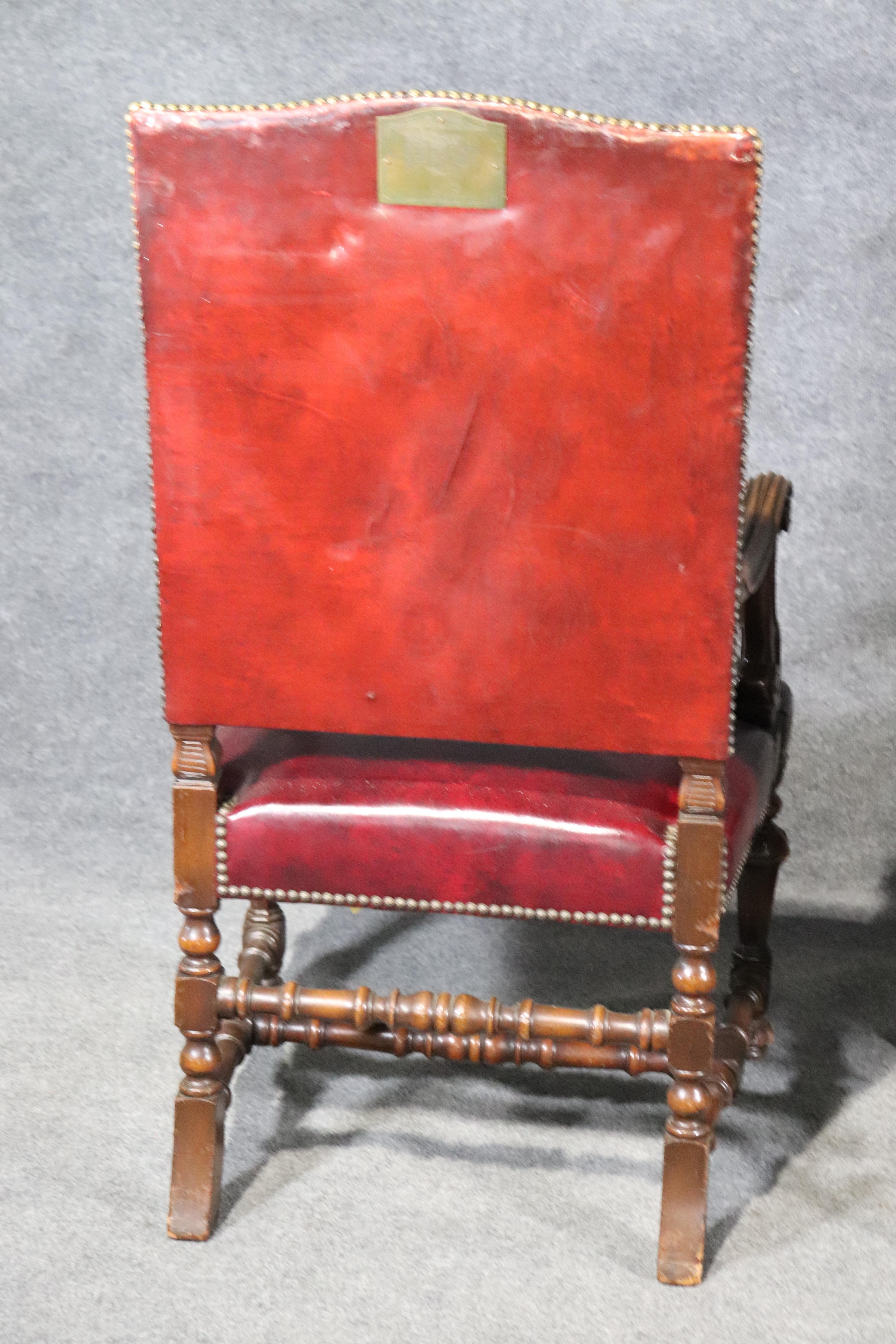 Large Leather Carved Walnut Throne Office Chairs with Commemoritive Plaques 3