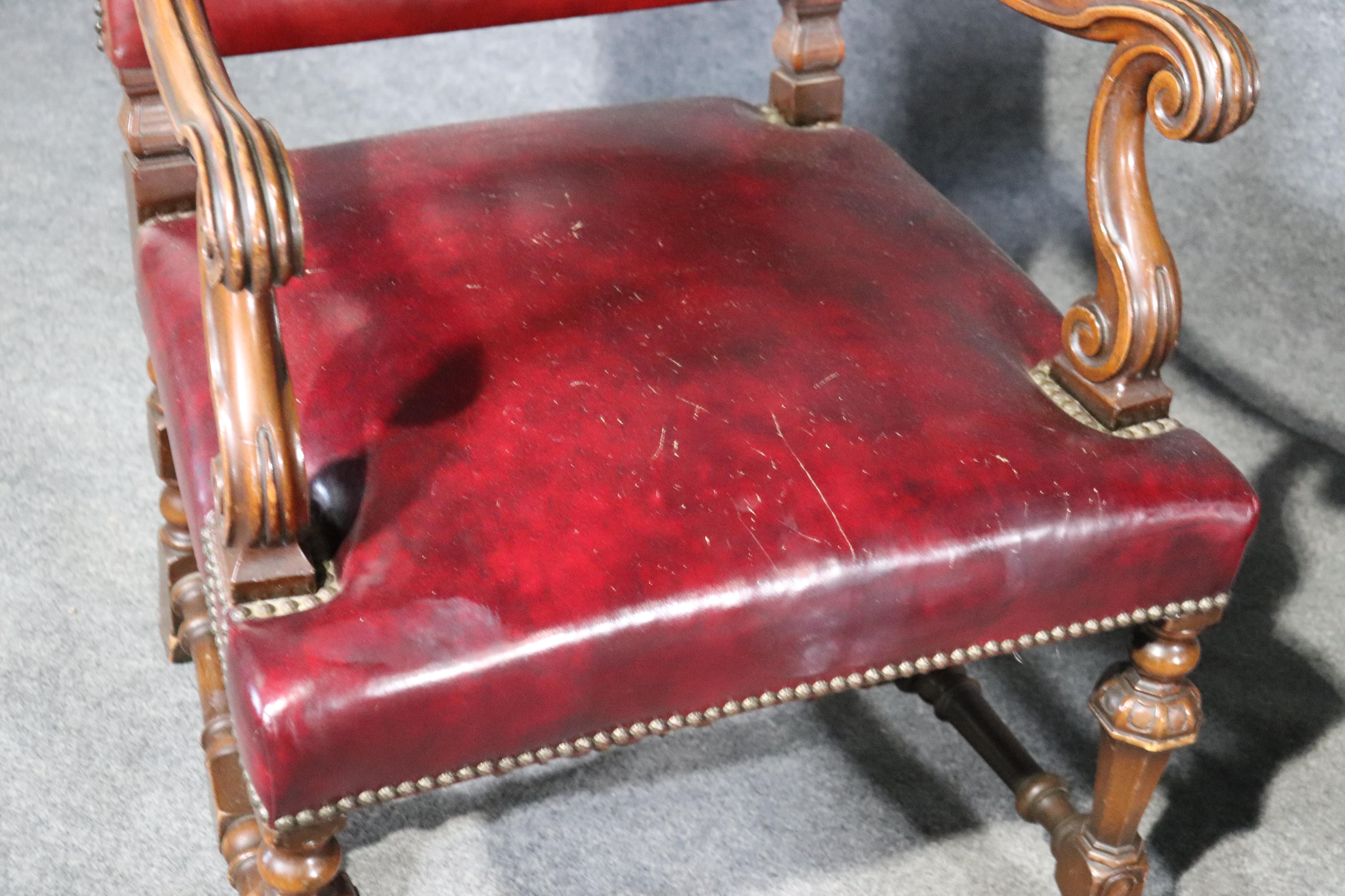 Georgian Large Leather Carved Walnut Throne Office Chairs with Commemoritive Plaques