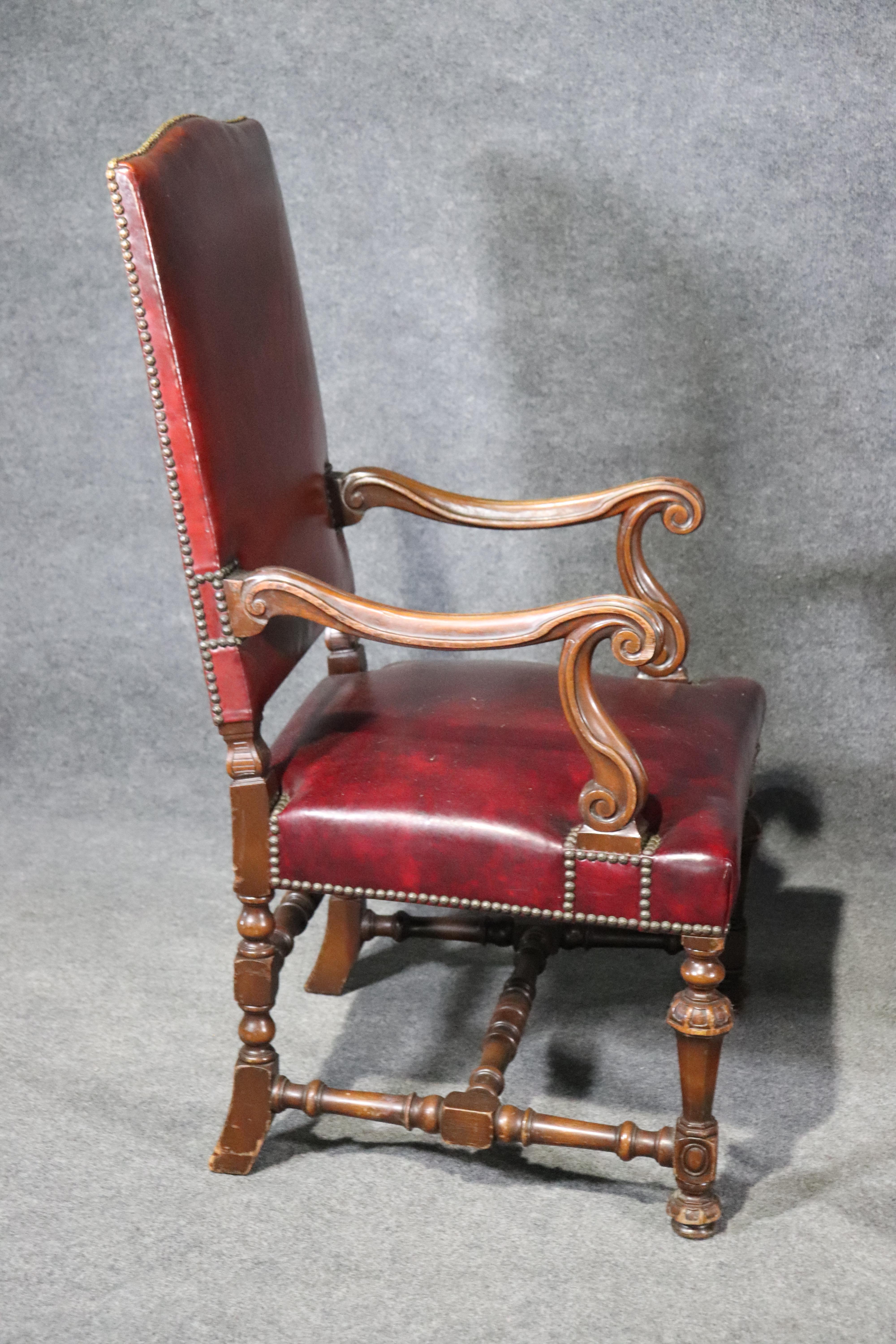 Mid-20th Century Large Leather Carved Walnut Throne Office Chairs with Commemoritive Plaques