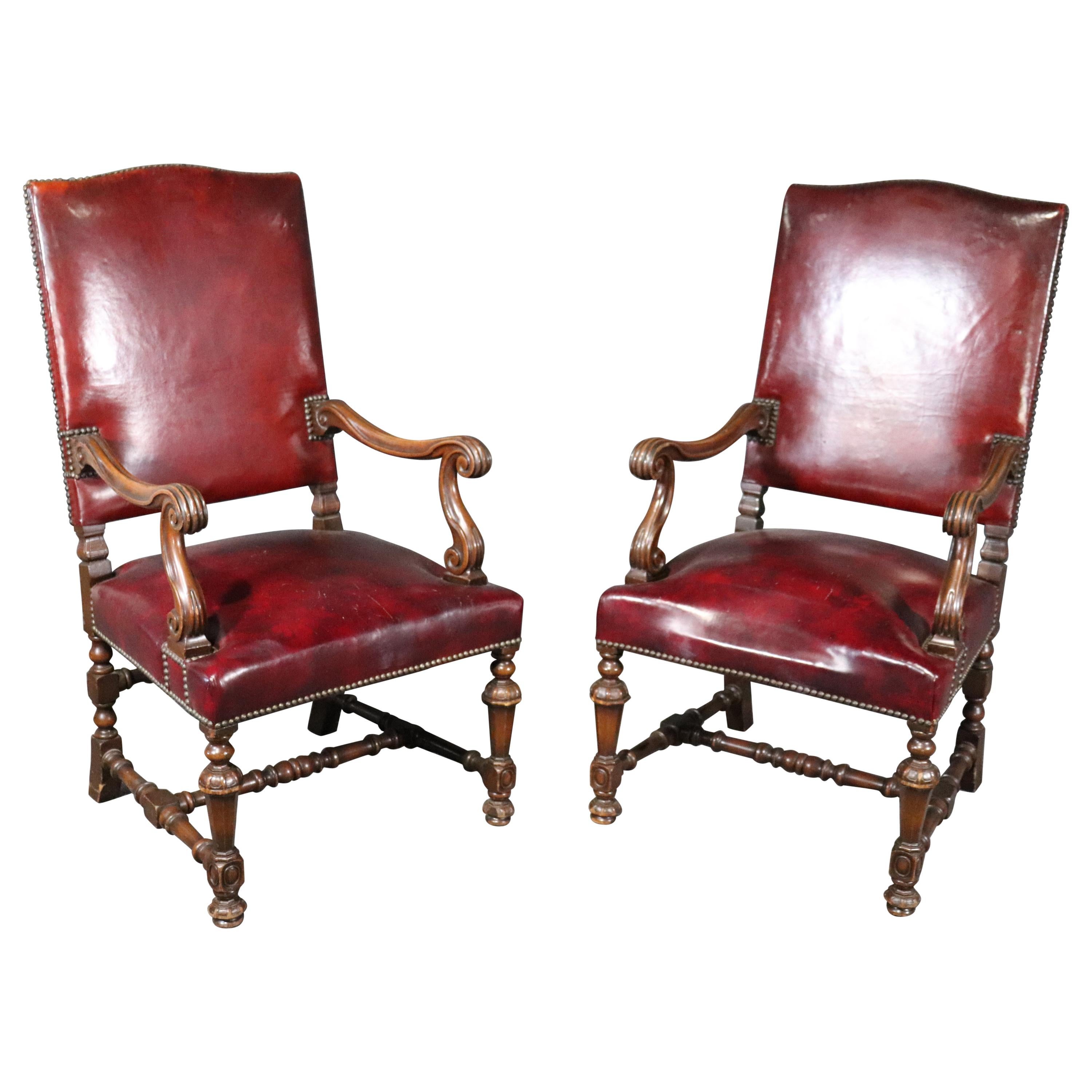 Large Leather Carved Walnut Throne Office Chairs with Commemoritive Plaques