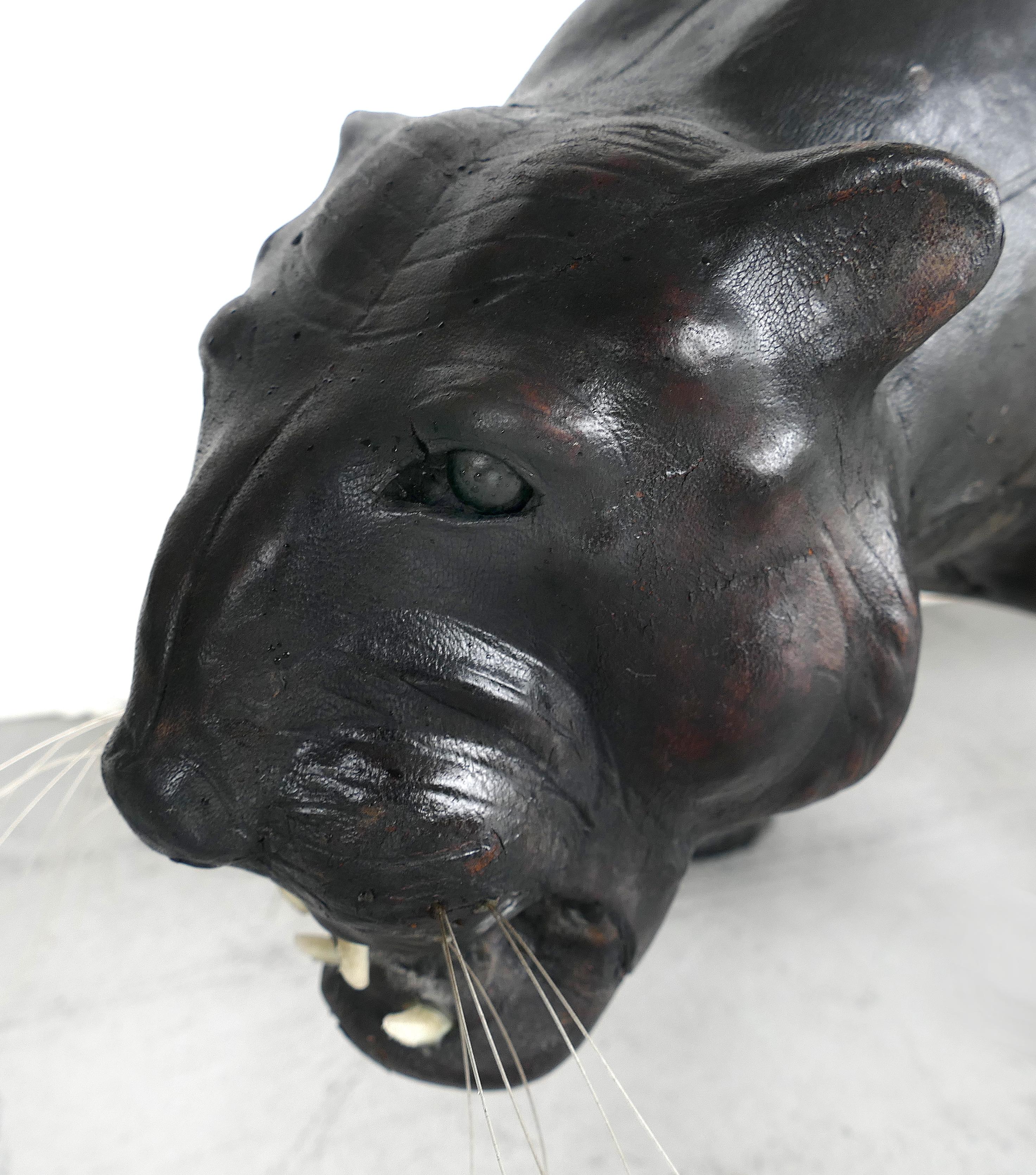 Large Leather-Clad Sculpture of a Black Panther with Glass Eyes 3