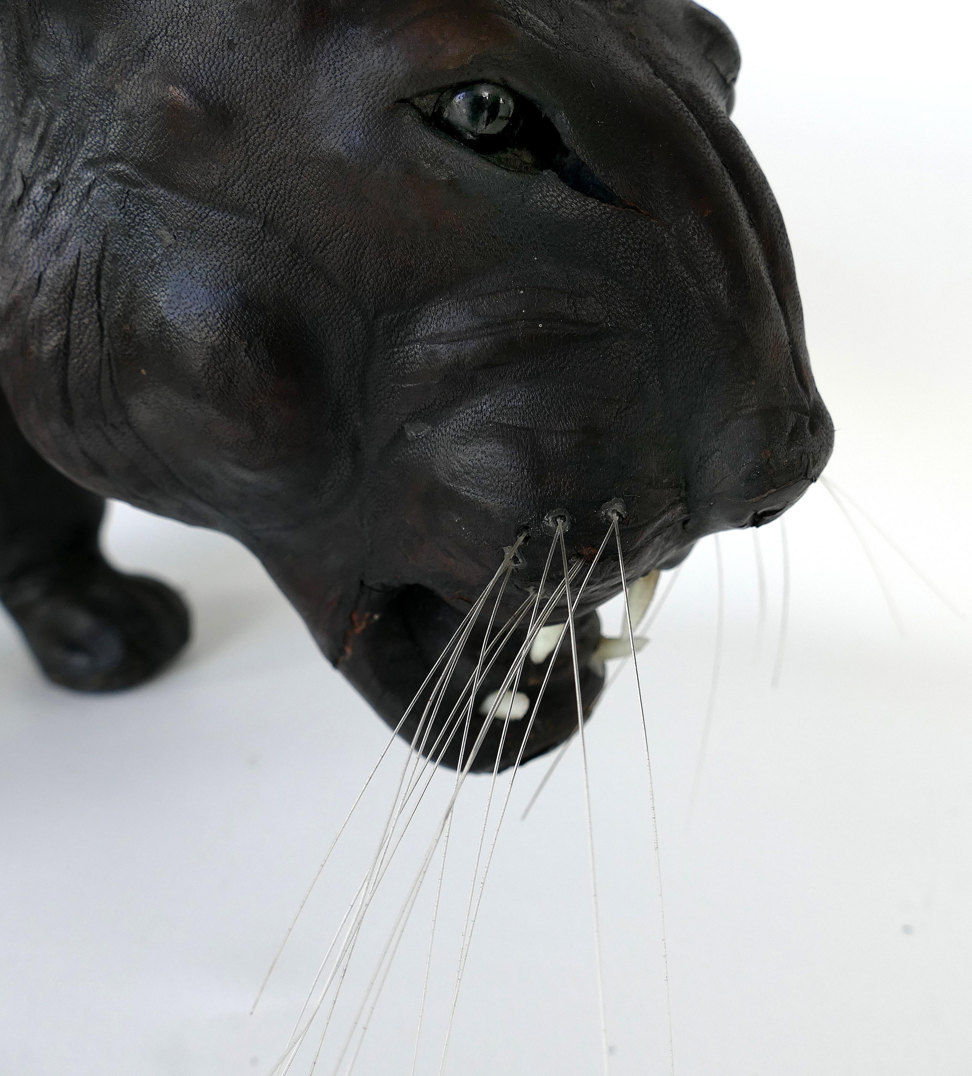 Large Leather-Clad Sculpture of a Black Panther with Glass Eyes In Good Condition In Miami, FL