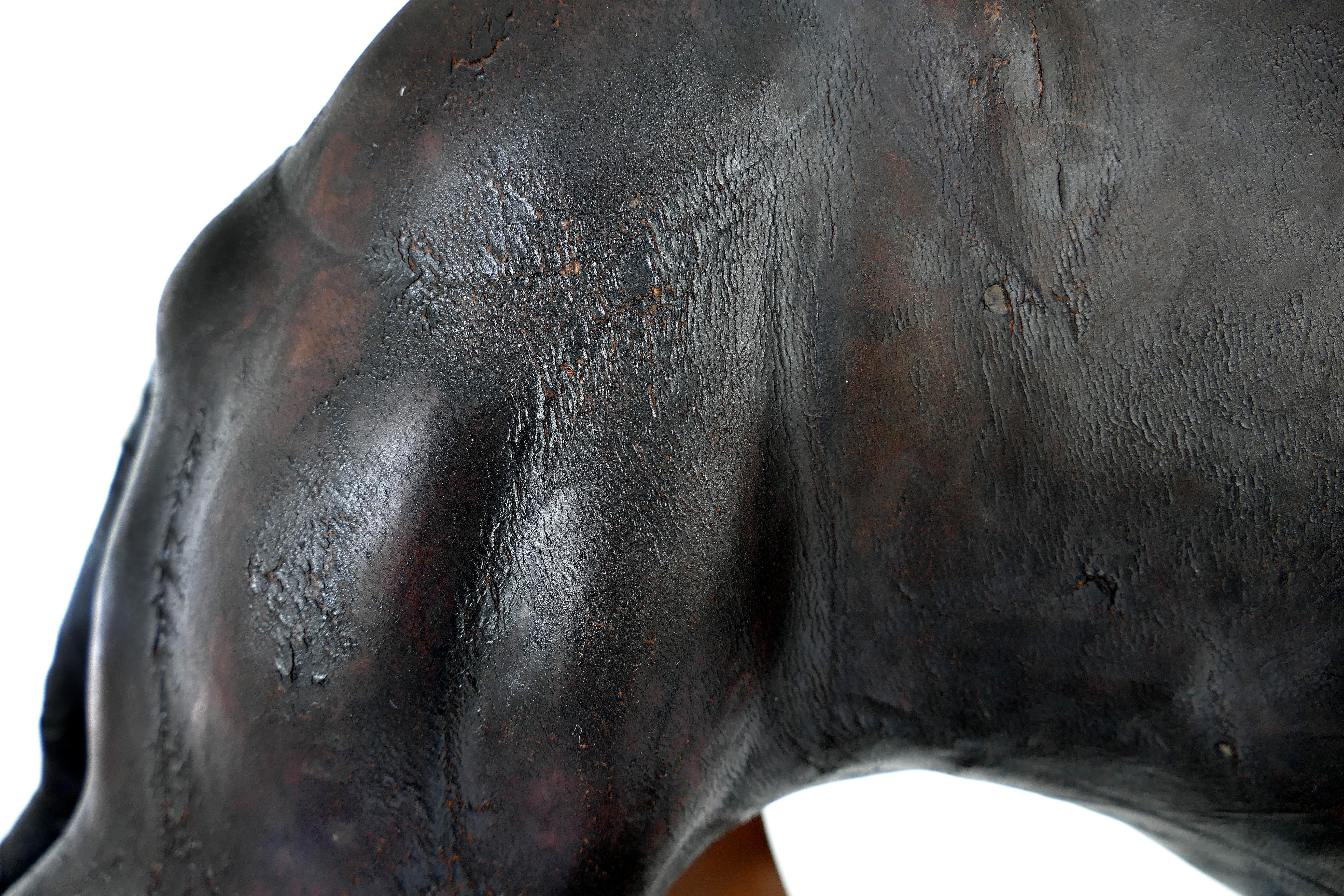 20th Century Large Leather-Clad Sculpture of a Black Panther with Glass Eyes