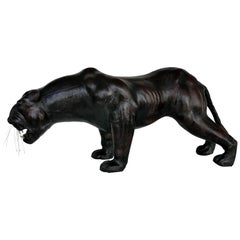 Large Leather-Clad Sculpture of a Black Panther with Glass Eyes