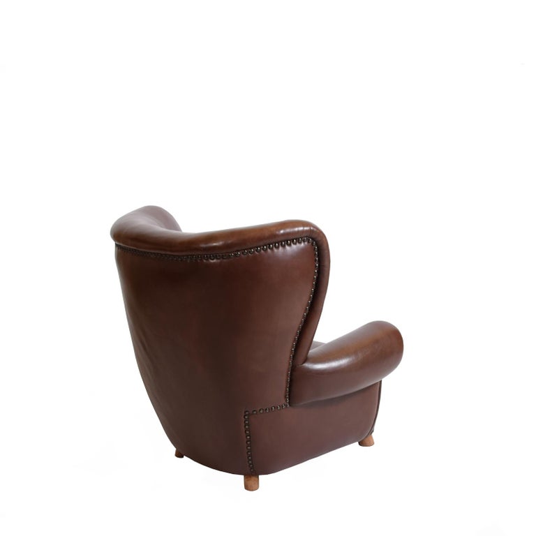 Scandinavian Modern Large Leather Club Chair  For Sale
