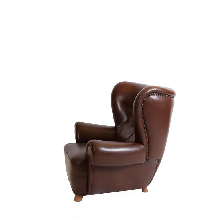 Large Leather Club Chair  In Good Condition For Sale In Hudson, NY