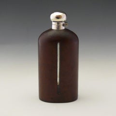 Large Leather Covered Glass Hip Flask with Silver Plated Top, circa 1900