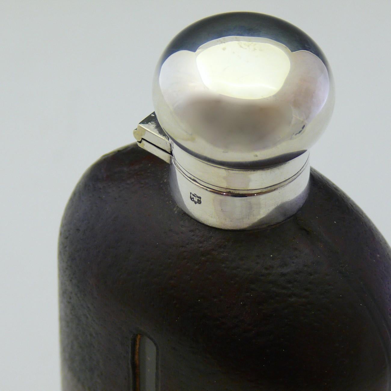 British Large Leather Covered Glass Hip Flask with Silver Plated Top, circa 1900 For Sale