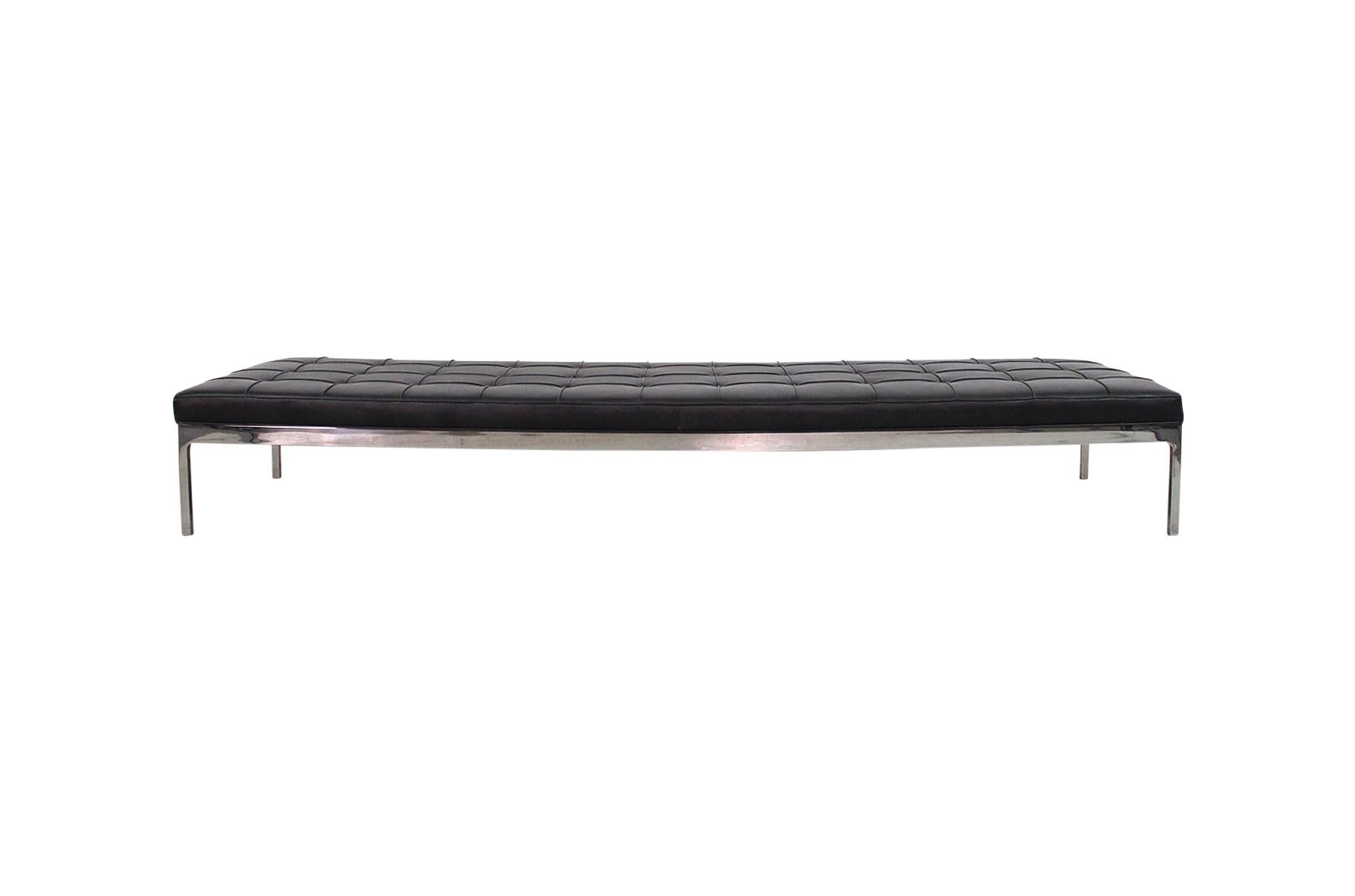 Exceptional large scale tufted leather and chrome steel daybed or bench designed by Nicos Zographos. Signed with Zographos label to underside decking.

____

We're offering our customers free domestic shipping on all items during the current health