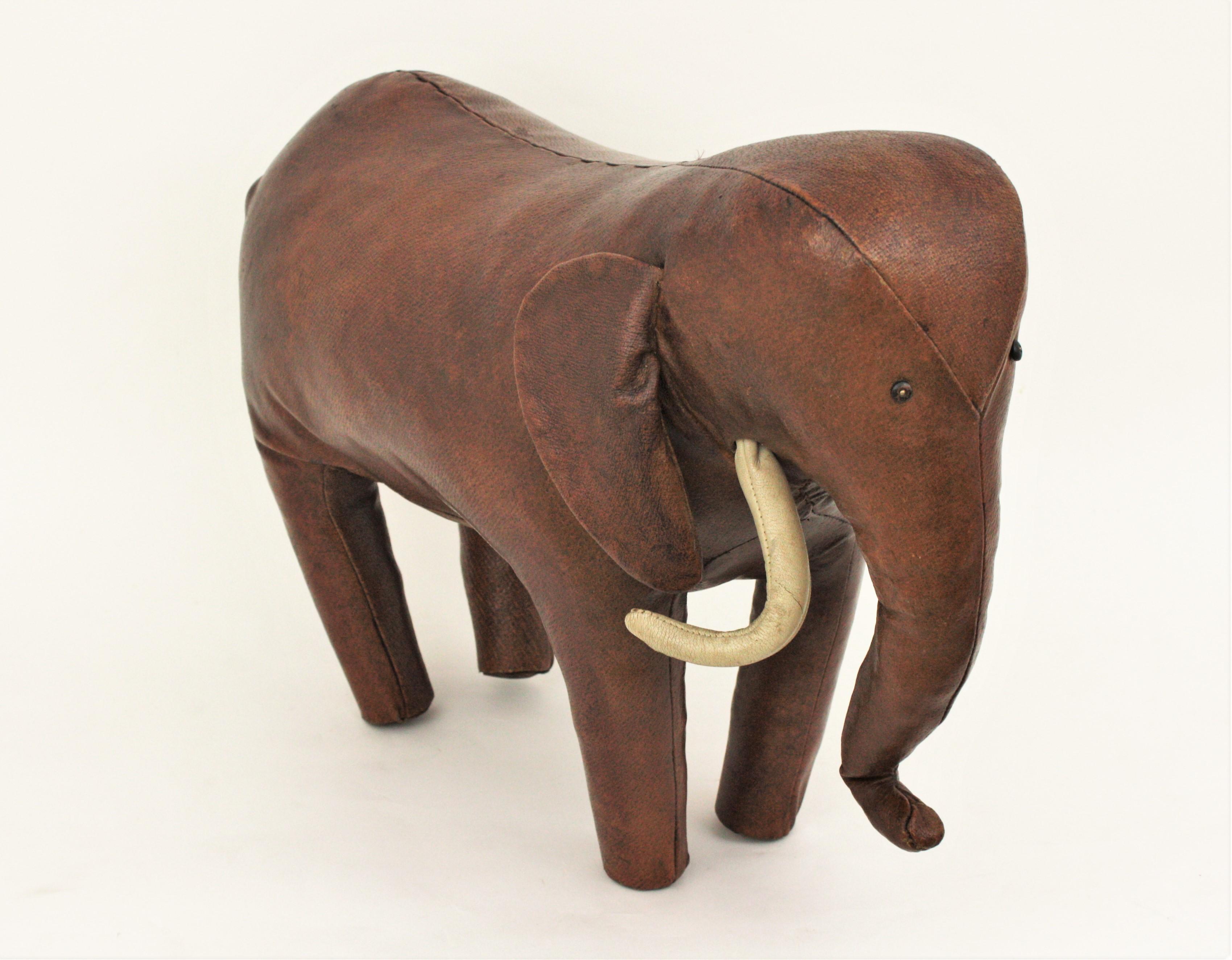 Leather Elephant Large Stool by Dimitri Omersa for Abercrombie in brown leather, 1960s