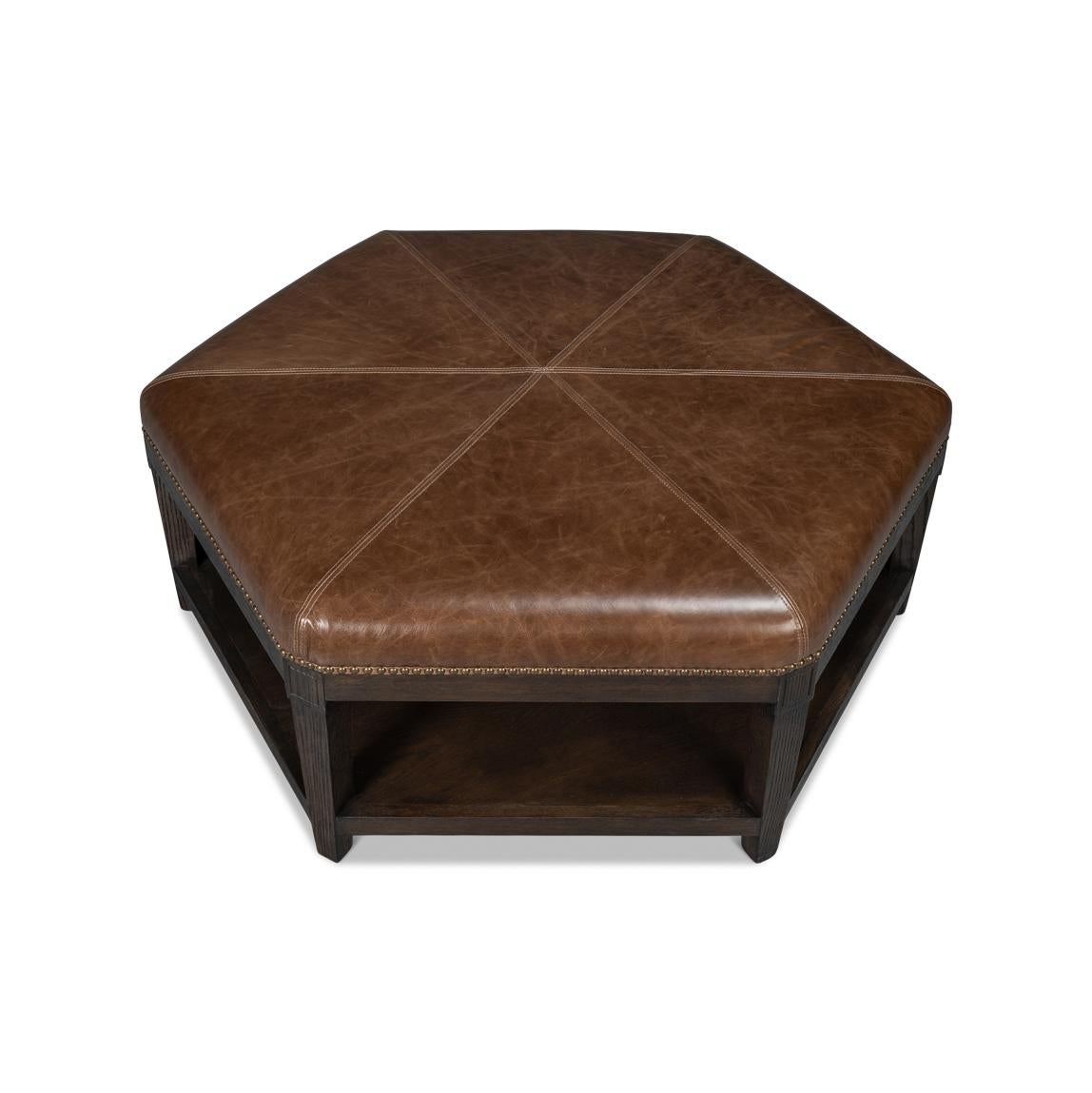 Asian Large Leather Hexagonal Ottoman