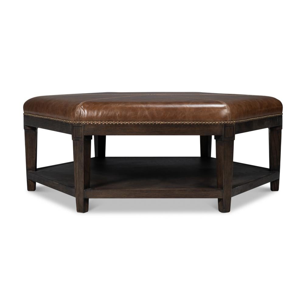 Wood Large Leather Hexagonal Ottoman