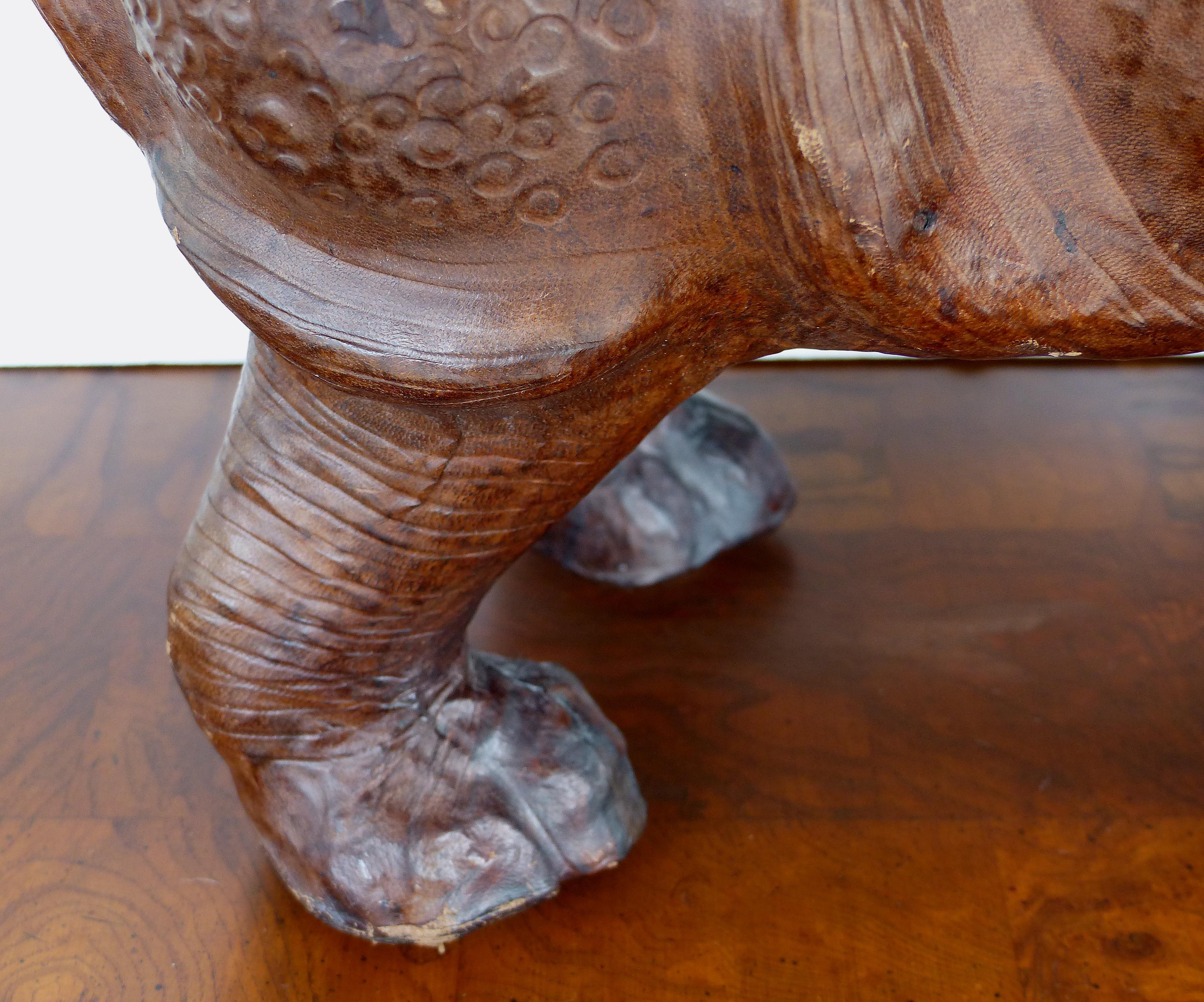 Large Leather Rhinoceros Sculpture with Glass Eyes 2