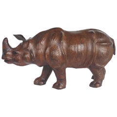 Large Leather Rhinoceros Sculpture with Glass Eyes