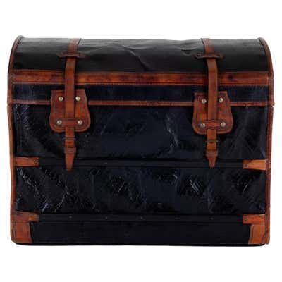 Large Antique Victorian Oak Banded Embossed Leather Dome Top Steamer ...