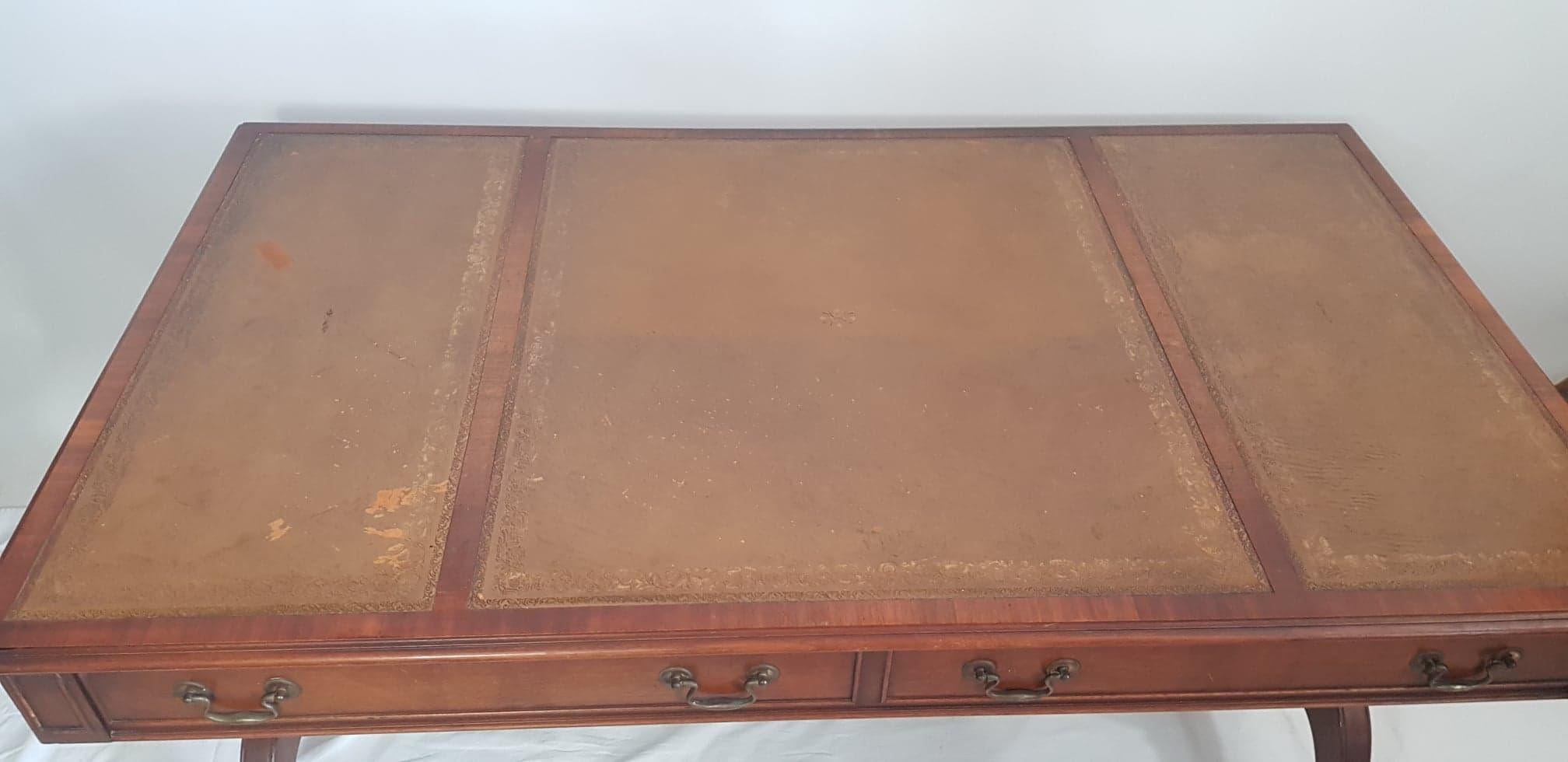 Wood Large Leather Top Mahogany Period Style Writing Table by Reprodux For Sale