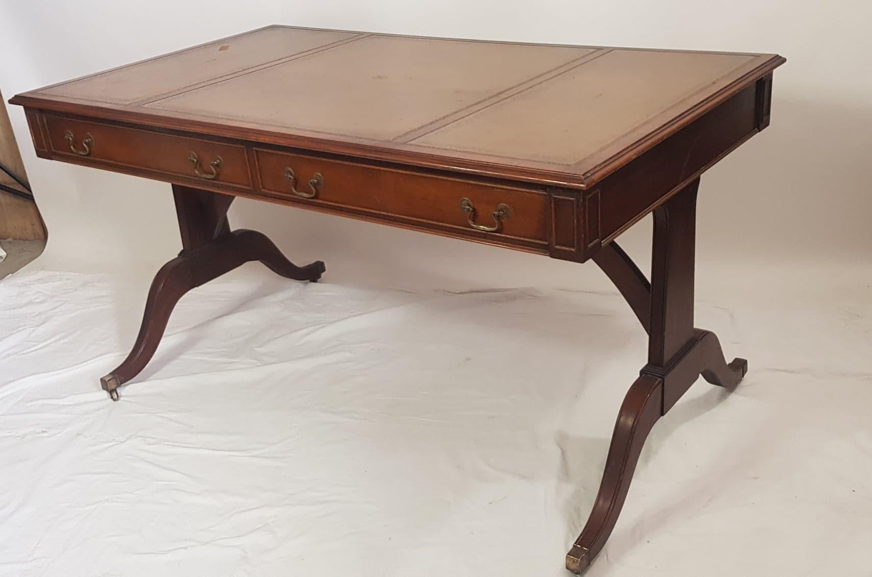 Large Leather Top Mahogany Period Style Writing Table by Reprodux For Sale 1
