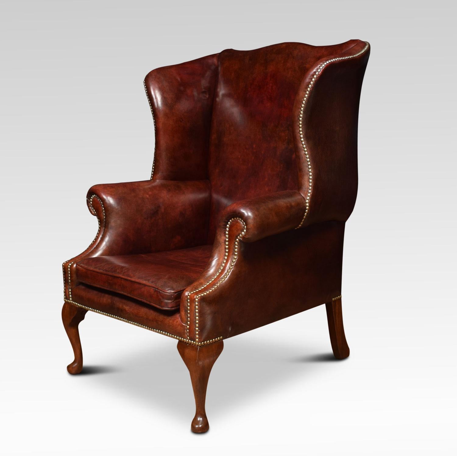 Oversized mahogany framed wing armchair of generous proportions, the arched top above Leather upholstered back, arms and seat. All raised up on cabriole front legs.
Dimensions
Height 43 inches height to seat 17.5 inches
Width 33 inches
Depth