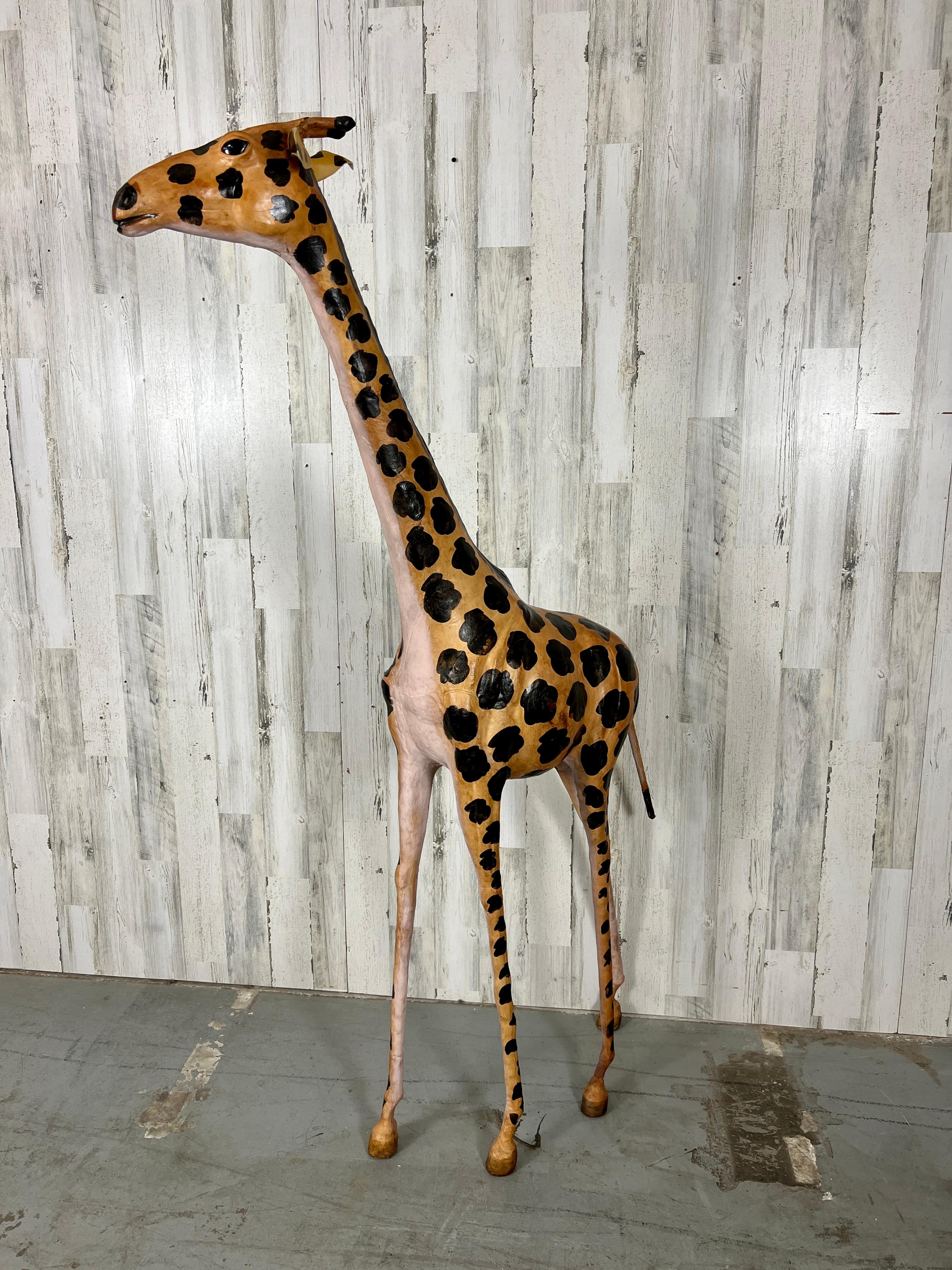 Organic Modern Large Leather Wrapped Hand Painted Giraffe Sculpture  For Sale
