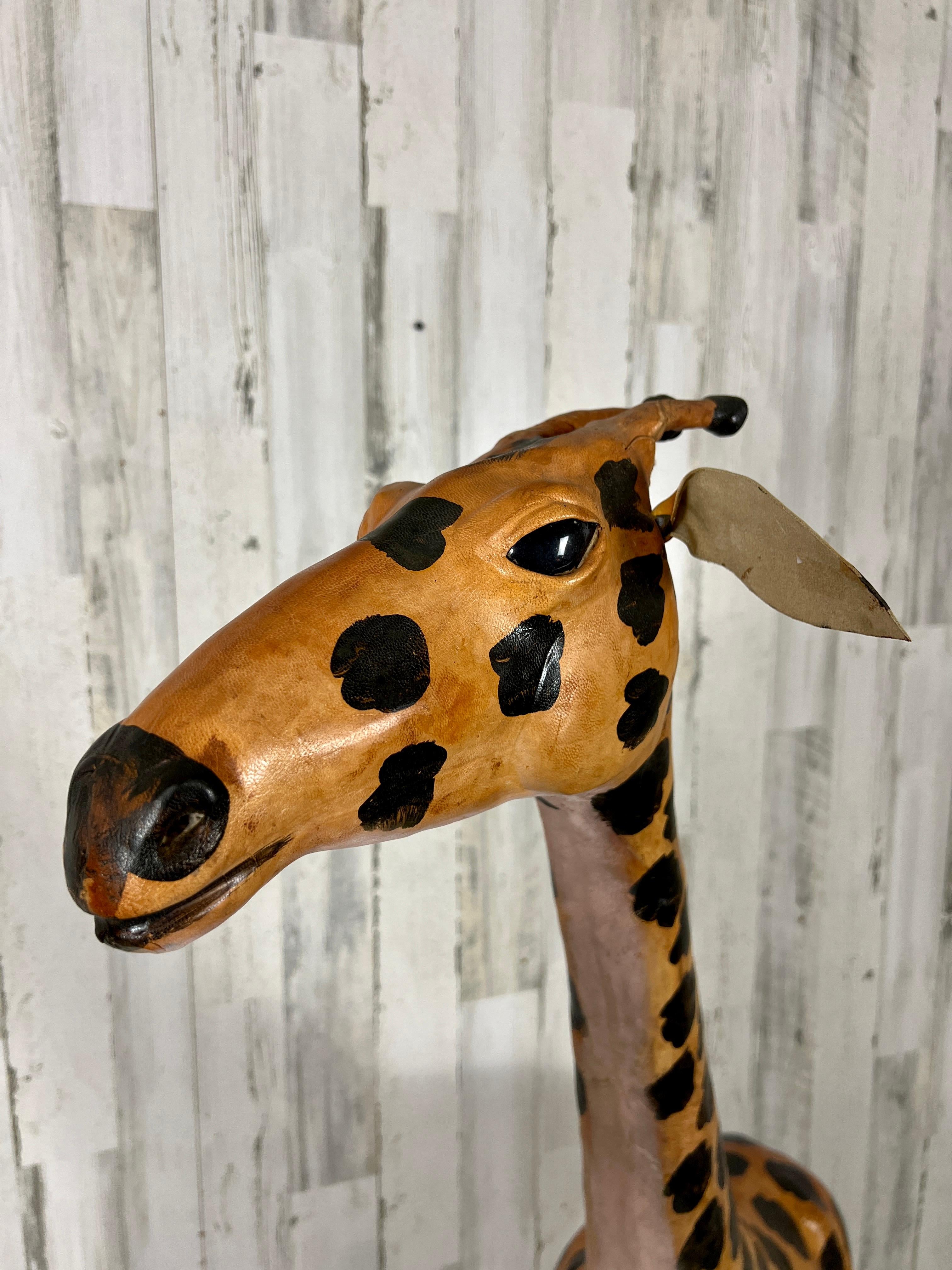 Hand-Painted Large Leather Wrapped Hand Painted Giraffe Sculpture  For Sale