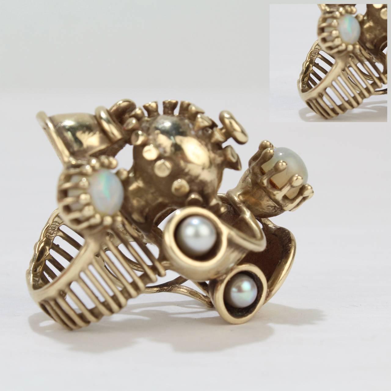 Large Lee Peck Steam Punk Pearl, Opal, and 14 Karat Yellow Gold Ring 7