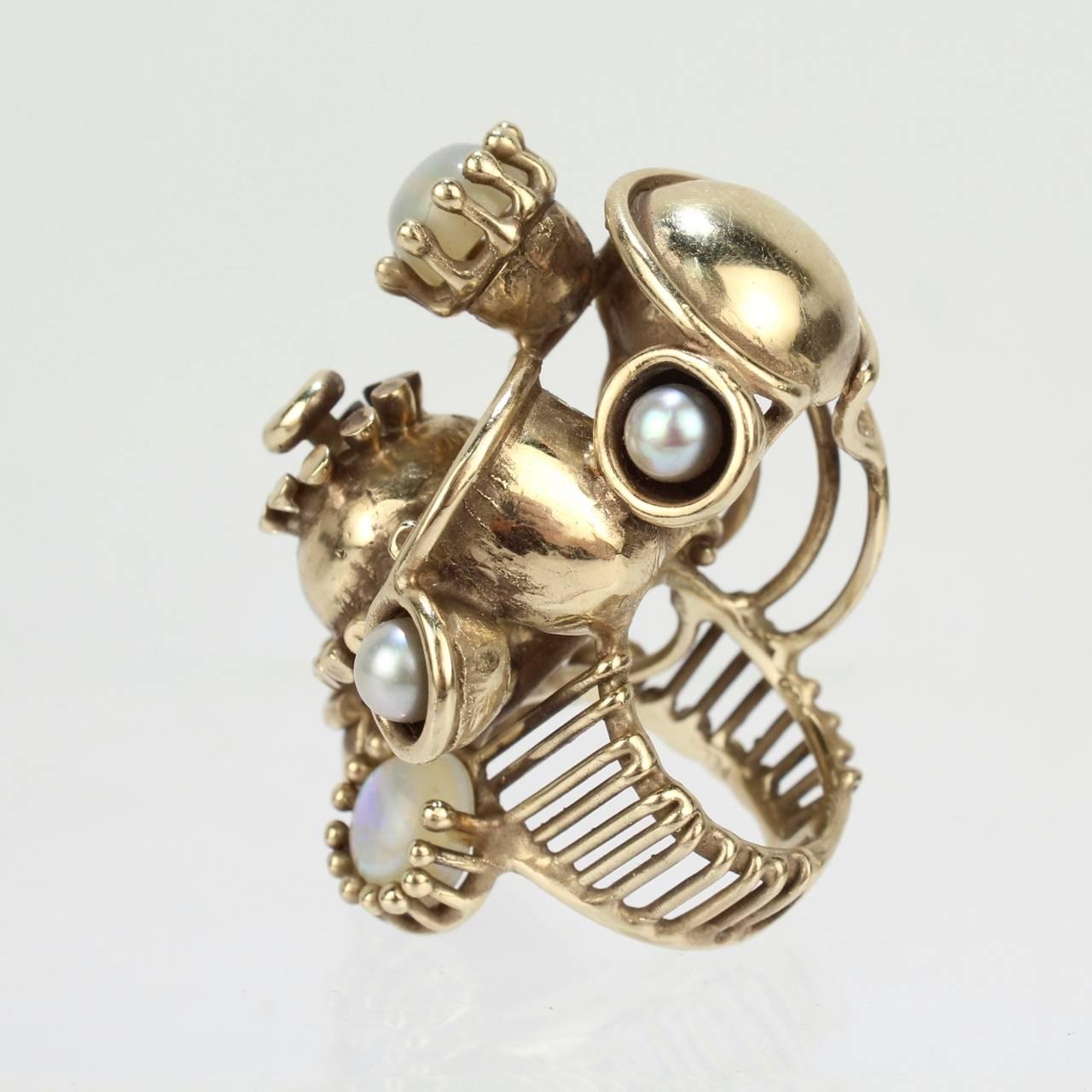 Large Lee Peck Steam Punk Pearl, Opal, and 14 Karat Yellow Gold Ring 9