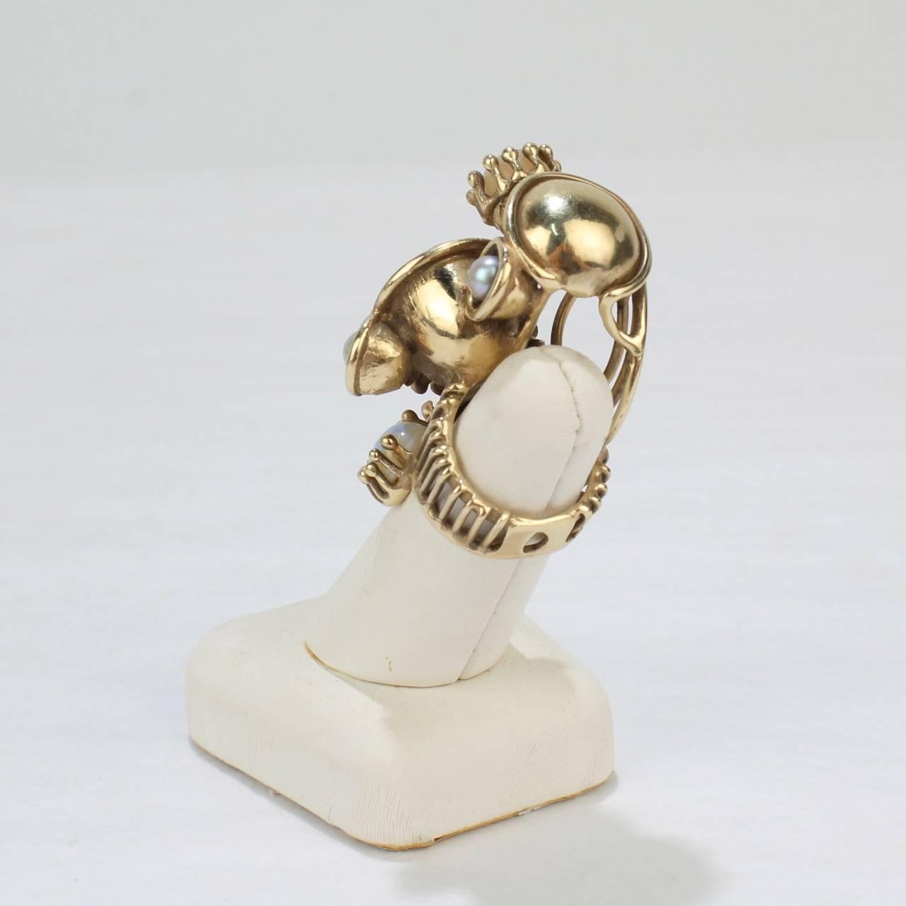 Modernist Large Lee Peck Steam Punk Pearl, Opal, and 14 Karat Yellow Gold Ring