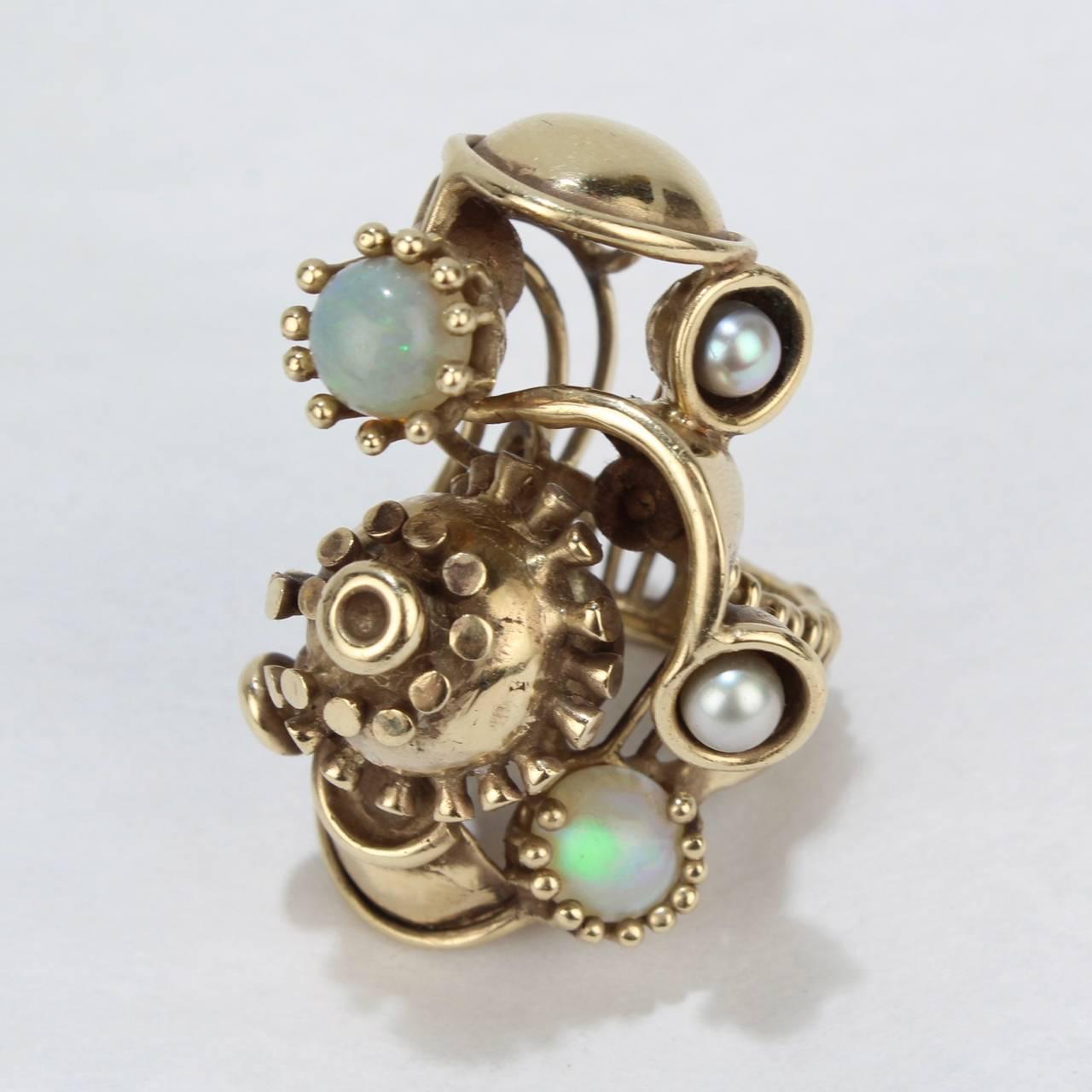 Women's or Men's Large Lee Peck Steam Punk Pearl, Opal, and 14 Karat Yellow Gold Ring