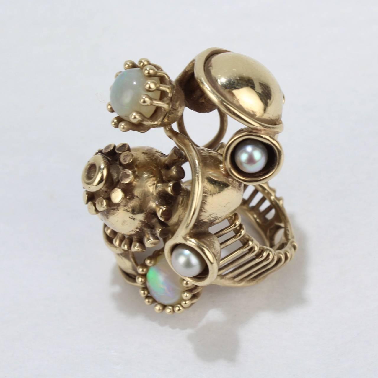 Large Lee Peck Steam Punk Pearl, Opal, and 14 Karat Yellow Gold Ring 1