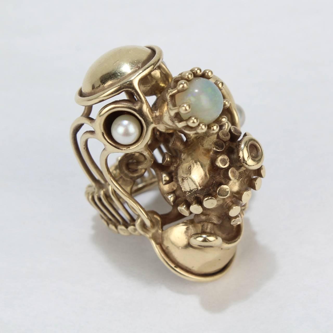 Large Lee Peck Steam Punk Pearl, Opal, and 14 Karat Yellow Gold Ring 2