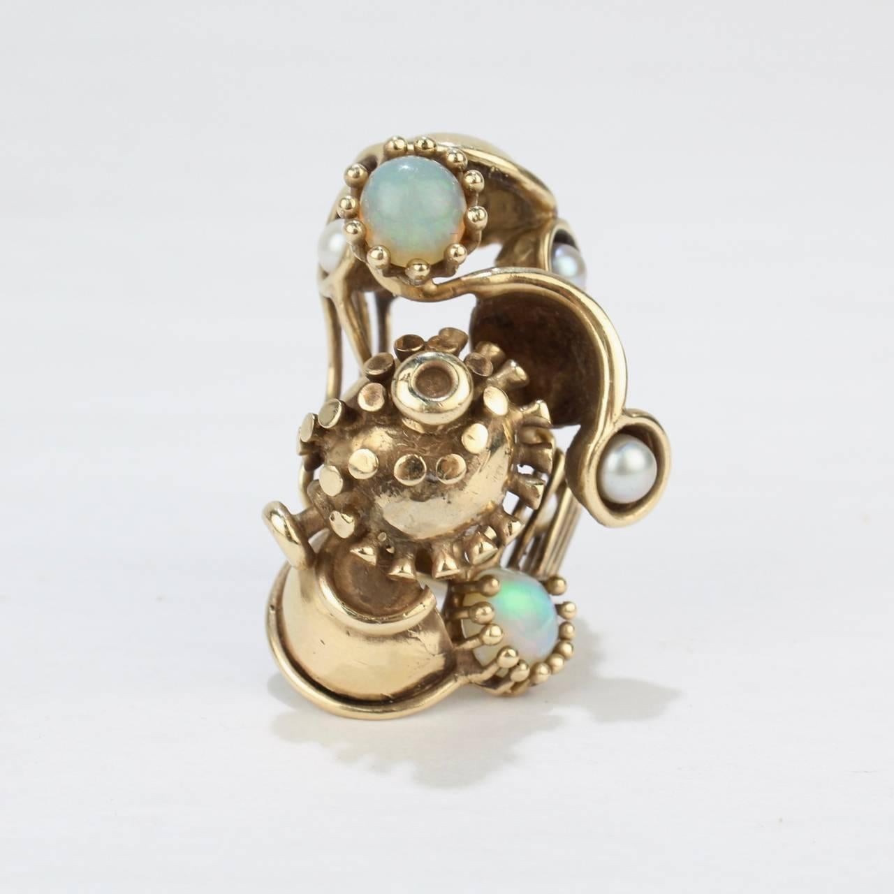 Large Lee Peck Steam Punk Pearl, Opal, and 14 Karat Yellow Gold Ring 3