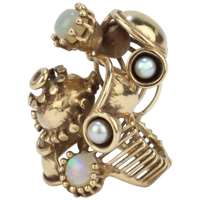 Large Lee Peck Steam Punk Pearl, Opal, and 14 Karat Yellow Gold Ring