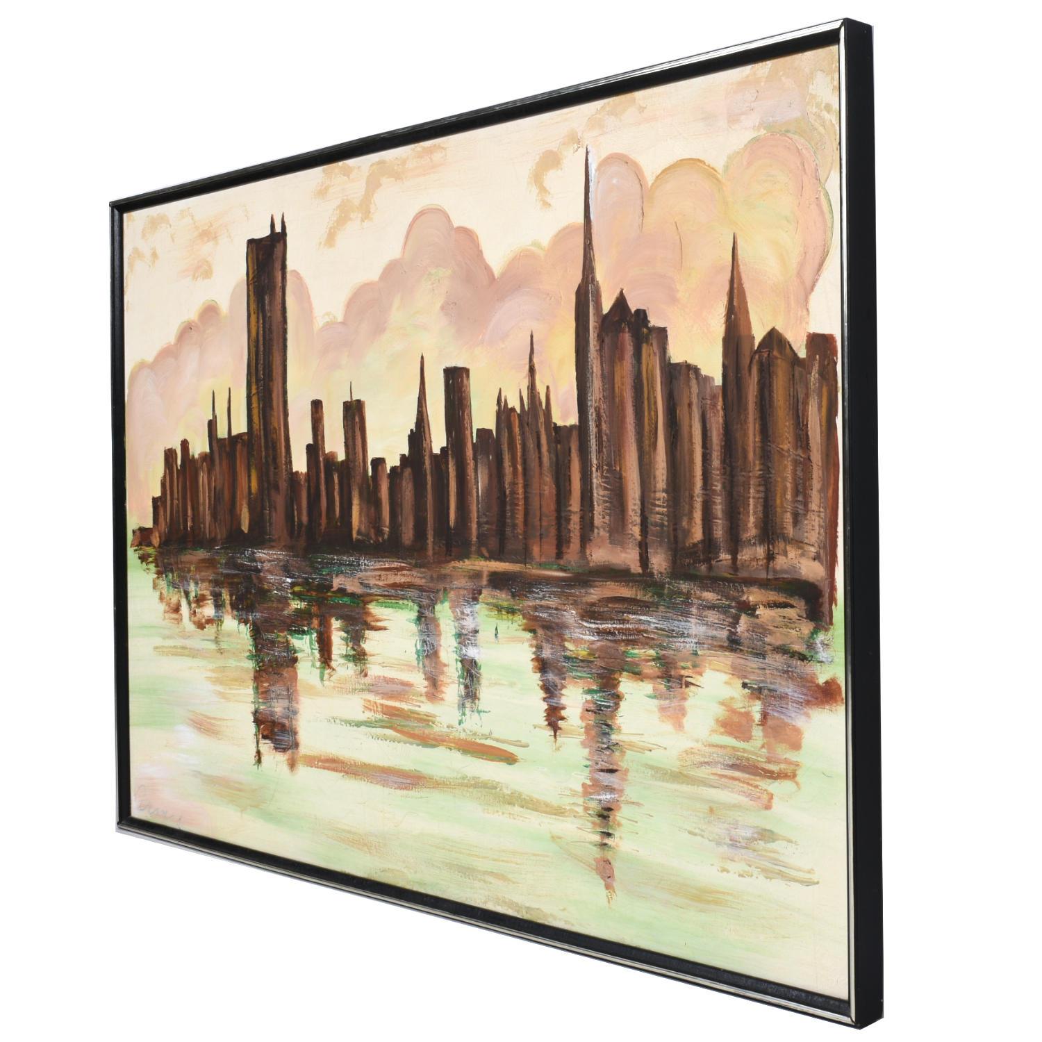 Straordinario quadro di paesaggio urbano in stile Mid-Century Modern con skyline marrone e verde. Il dipinto di paesaggio urbano in grande scala (5 piedi) ricorda i lavori di Lee Reynolds. La serie di grattacieli fortemente strutturati utilizza la