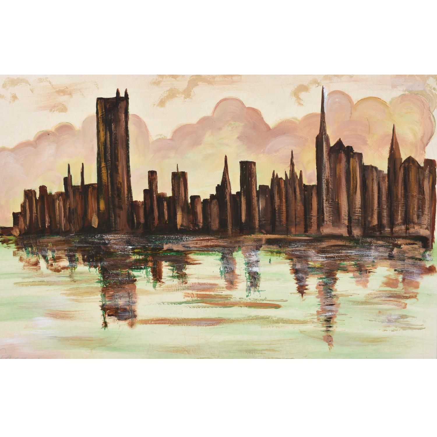 Mid-Century moderno Grande quadro di paesaggio urbano in stile Mid-Century Modern Cityscape di Lee Reynolds in vendita