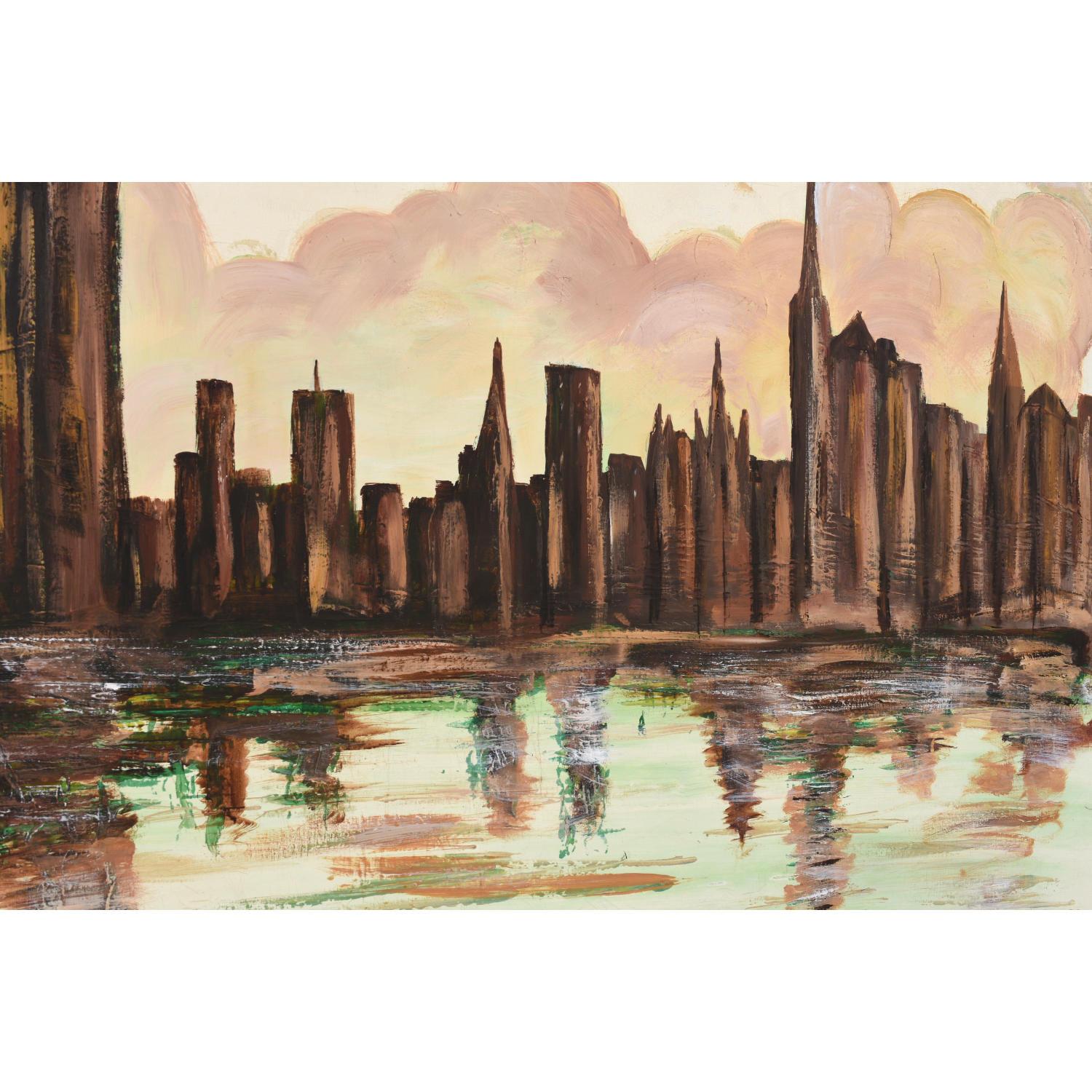 Gran pintura de paisaje urbano moderno de mediados de siglo al estilo Lee Reynolds Estadounidense en venta