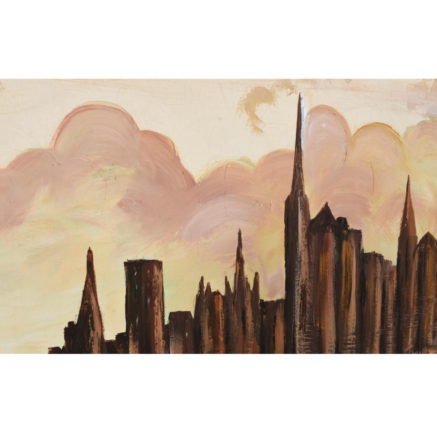 Américain Grande peinture de paysage urbain à lignes d'horizon de style Lee Reynolds, mi-siècle moderne en vente