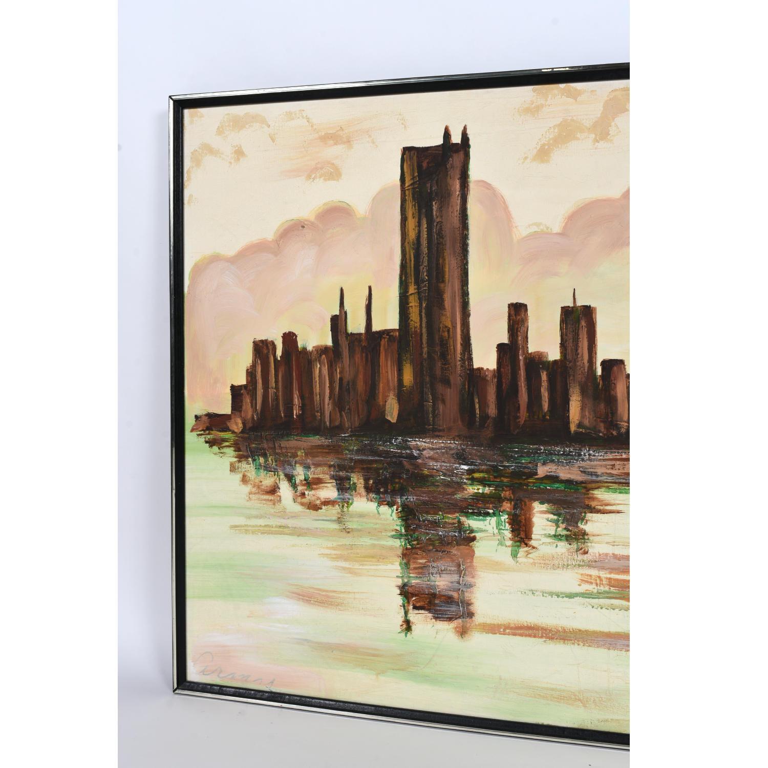 Fin du 20e siècle Grande peinture de paysage urbain à lignes d'horizon de style Lee Reynolds, mi-siècle moderne en vente